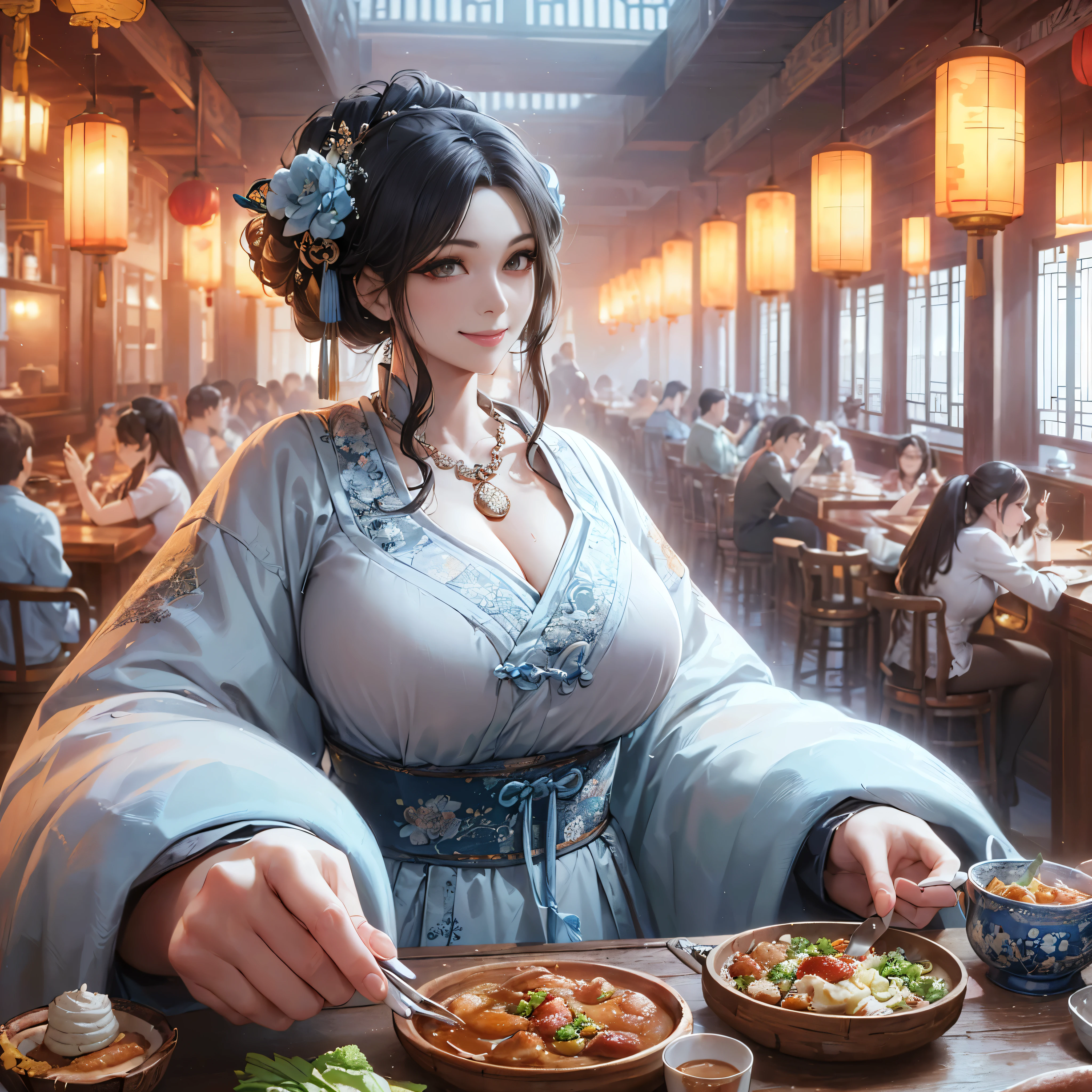 (The most amazing scene ever created:1.0), (Masterpiece:1.0), (Best Quality:1.0), (amazing quality:1.0), (sharpest focus:1.0), (Ultra-realistic Photo:1.0), (Ultra-precise Photo:1.0), (beautiful face and eye:1.2), 
(Depth of field:1.0), (super fine:1.0), (16k:1.0), (incredibly absurdres:1.0), (extremely detailed:1.0), (delicate and dynamic:1.0), (very aesthetic:1.0), (absurdres:1.0), (beautiful face and eye:1.2), (perfect anatomy:1.2), 
(very tall, broad-shouldered, large lady:1.2), (very beautiful lady in a bar in Song dynasty China:1.5), (large beautiful middle-aged woman with rolled-up sleeves and arms raised high serving a large quantity of food:1.5), 
(pleasant smile:1.4), (a bustling, folksy bar:1.2), (big smile:1.5), (winning smile:1.5), 
