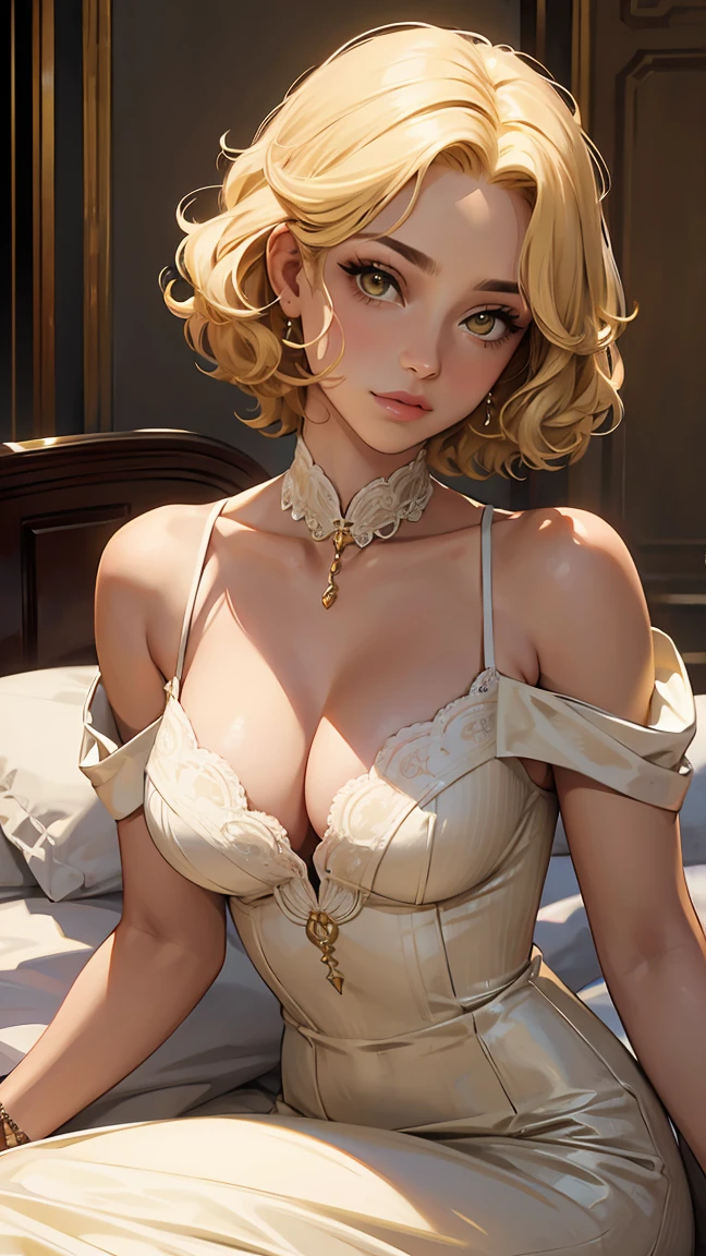 (8K, RAW Photos, highest quality, masterpiece:1.2), (Realistic, photo-Realistic:1.37)、Earrings, eyelash, black pantyhose、Sexy and exciting smile、 (Shiny skin:1.05)、fashion model body shape、Having her hair done、 chest is popping out、Naked、Naked、bedroom background 、smile、White woman、Platinum Blonde、blue eyes、Curly Hair((curly hair))、High-neck halter neck with lace embellishment((high neck halter neck))breast、Navel visible、vagina 、naked、smile、Hair Flower((hair flower))、nude