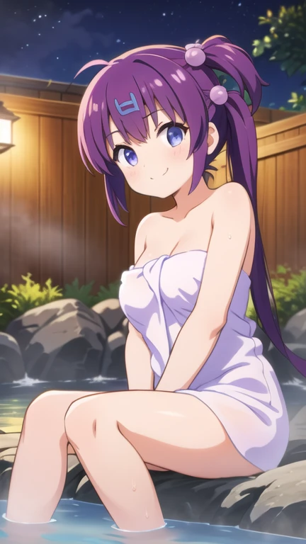 ponytail　Edo Period　Bathrobes　cute　Big Breasts　Friendly　Purple hair, naked, no clothes