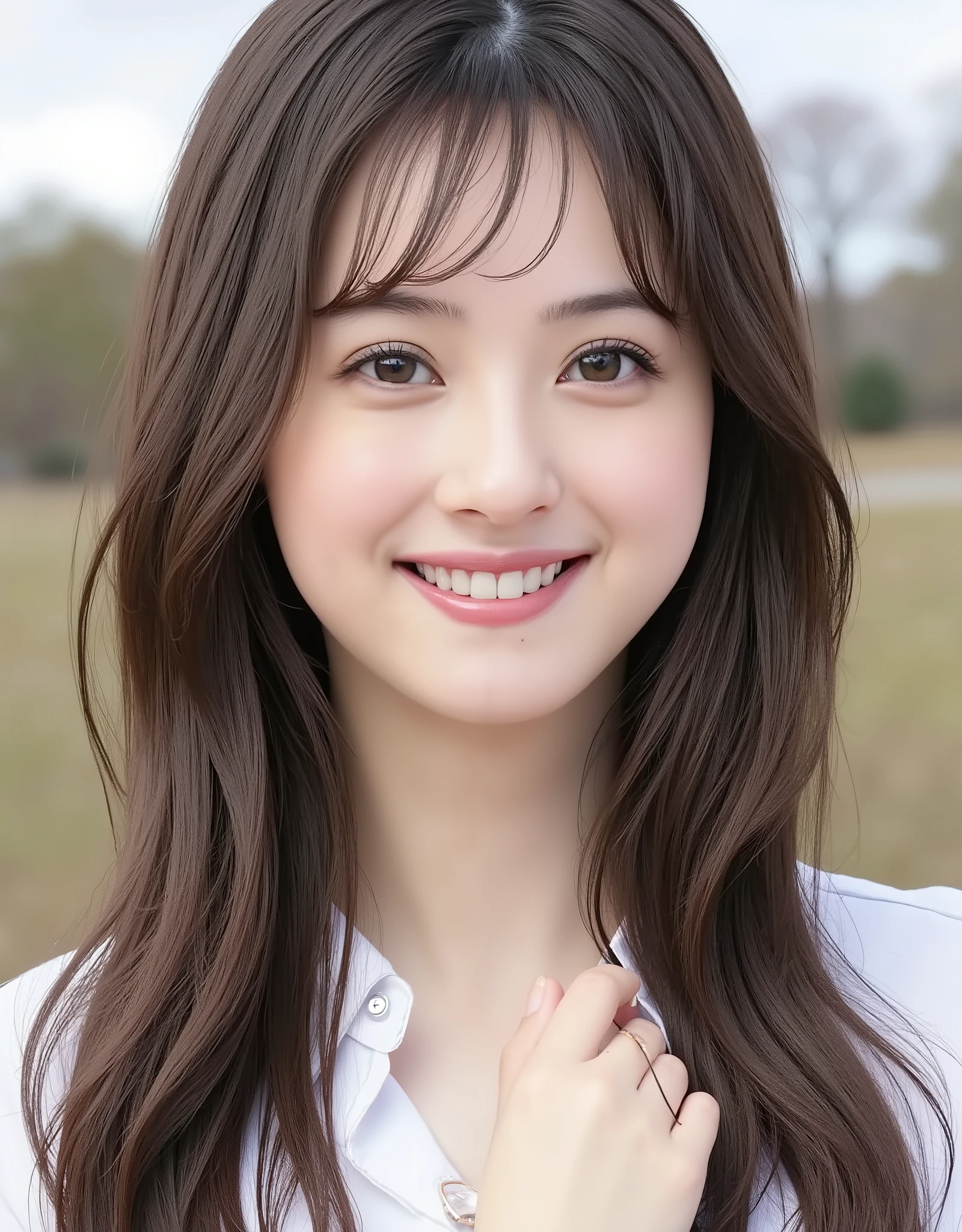 NSFW, (Highest quality), (Ultra-precise CG 16K wallpaper), (Realistic: 1.6), (High saturation), (Sharp), Beautiful detailed shading, Beautiful natural lighting, Beautiful detailed glow, Bright sunlight in the daytime, Natural light, Depth of field, (Mature 24 year old woman, One person: 1.6), (Very beautiful Japanese face), (Sasaki Nozomi), (Soft wavy long hair, Bangs: 1.6), (Shiny black hair), (Sparkling eyes), (C cup size breasts, Cleavage: 1.6), (Beautiful breasts), (Beautiful legs), (Beautiful skin), (Not a belly button: 1.6), Beautiful proportions, (Smile: 1.1), (Looking at me: 1.6), (High school girl uniform: 1.6), (Wearing a ribbon), (Fashion model pose: 1.6), (Park square, sky and clouds), (Full screen image:1.6), (shot from head to thigh:1.8), (image of a woman seen from three-quarters front:1.6), (woman standing in a park square:1.6),
