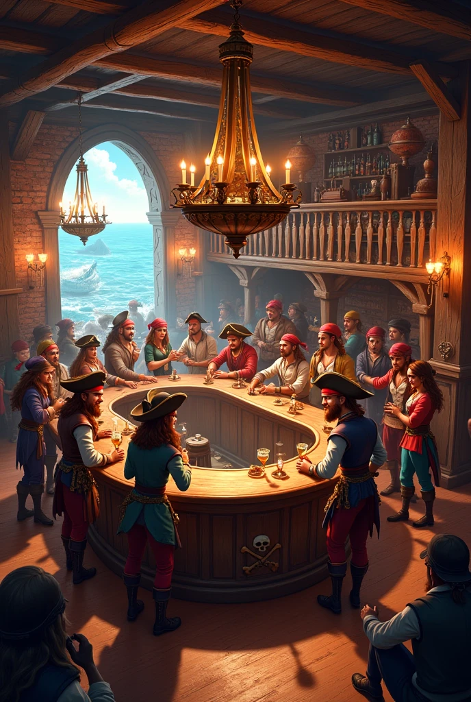 "best quality, ultra-detailed, realistic, HDR, vivid colors, bokeh, in a riotous pirate saloon, (a disheveled, one-eyed, grizzled, and very drunk pirate) has a whore in his lap, (the whore is a voluptuous Malaysian woman in her 30s), scantily clad, with tattoos, lewd, teasing, with intense eye contact, surrounded by rowdy and drunken sailors, swinging chandeliers, smoke-filled room, dimly lit with flickering candles, rum bottles scattered on the tables, a lively game of dice being played in the background, barrels overflowing with gold coins, parrots screeching, sounds of laughter and argument echoing, a haze of cigar smoke hanging in the air, the wooden floor creaking under the weight of dancing couples, the swaying of the pirate ship visible through the windows, energetic music coming from a band of musicians in the corner, vibrant colors of red, gold, and black dominating the scene, capturing the chaotic and adventurous spirit of pirate life, with dramatic shadows and highlights illuminating the characters, revealing the intricate details of their costumes and expressions, creating a captivating atmosphere of danger, excitement, and debauchery."