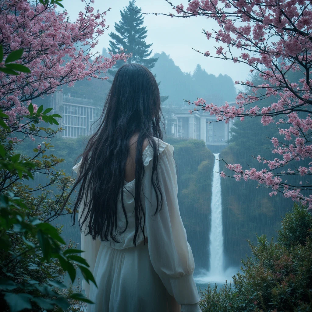 ((Ultra-realistic detail.) (Masterpiece, Top Quality, Best Quality, Official Art, Beauty and Aesthetics: 1.2), Very Detailed, Colorful, Most Detailed, Branches, Buildings, Barbed Wire, Cherry Blossoms, Fences, Long Hair, Outdoor, Petals, Landscape, Rain, Trees, Sky, Street, Real