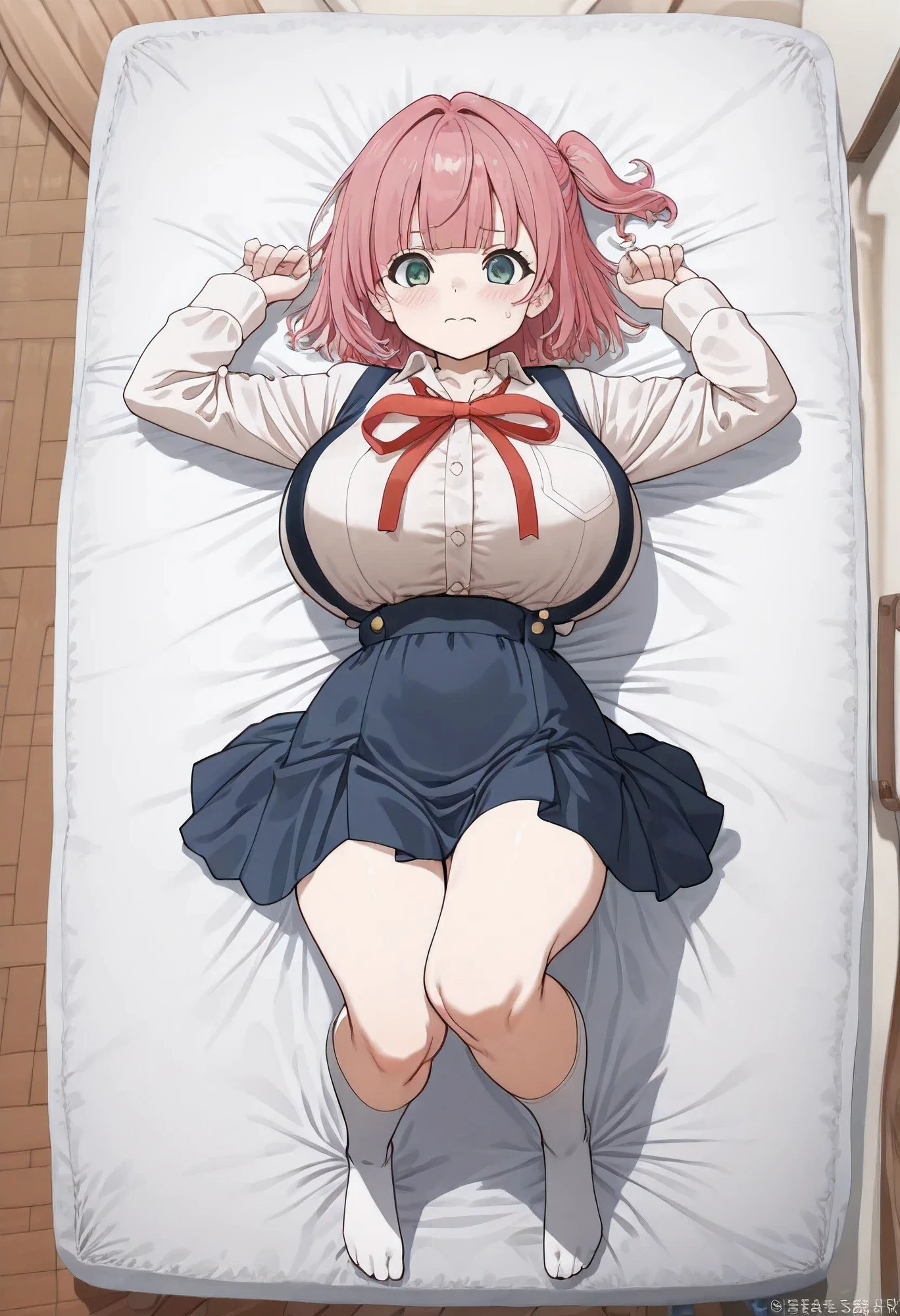 ((((((((Lying down)))))))),High qualityHigh quality、8k、((((((( full body description))))))))、Sweat makes clothes transparent、((((I want to hug you))))、((((( bedroom)))))、 stretch your chest 、 ・Looking at camera 、Embarrassed、 plump thighs、Sweat it out、アリサ・ミハイロヴナ・Masterpiece、 high school girl, big breasted ( Ultra Details), (change, cute girl, Petite Body, short), ( big breasted , huge breasts :1.1), my thighs are thick , Long Sleeve White Blouse , blue suspender skirt, Red breast ribbon , White Knee High Socks , pink hair , blunt bangs , bob hair, One side up, Cute green eyes , Droopy eyes, primary , 8k, best quality , Masterpiece, clear , 超 high resolution , more details, accurate, high details, high resolution, beautiful faces,, beautiful eyes, detailed eyes