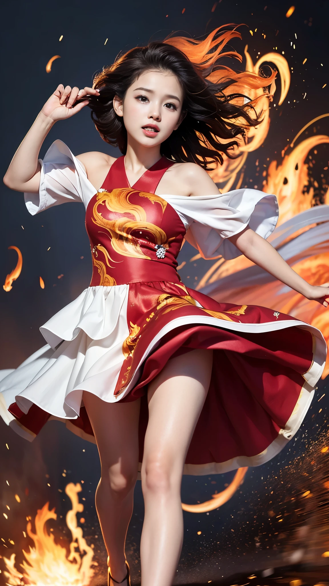最high quality、high quality、Best image quality、8K、最High resolution、High resolution、最high quality、masterpiece、RAW Photos、whole body写真、Detailed and realistic human body、Detailed and realistic skin、Realistic face in every detail、Detailed and realistic eyes、Detailed and realistic lips、Detailed and realistic teeth、Detailed and realistic ears、Detailed and realistic hair、Realistic reproduction of every detail、((Beautiful Hands(thumb1、reference4))、Realistic feet down to the last detail、((Beautiful Japanese Girl))、(Japanese Model)、 Year old beautiful girl))、(Black Hair)、(Random Hairstyles)、((whole body))、((Slim and perfect figure))、(Beautiful and firm breasts)、(whole body光沢肌、Fair skin)、((Mysterious cloth engulfed in flames(A dress made of fire))、((Burning Dresses))、((The fiery dress shows off her curves.))、Sexy pose