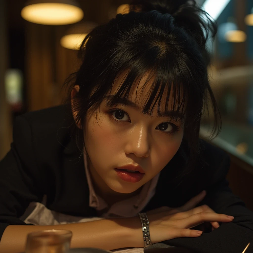 a girl with short ponytail laying in the table in a restaurant wearing formal suit, clear eye, perfect body, (look down at the viewer:0.8), (pureerosface_v1:0.2), detached sleeves, open mouth, bangs, 1girl, shiny skin, (masterpiece;1.0), (photorealistic:1.4), (sharp focus:1.2),