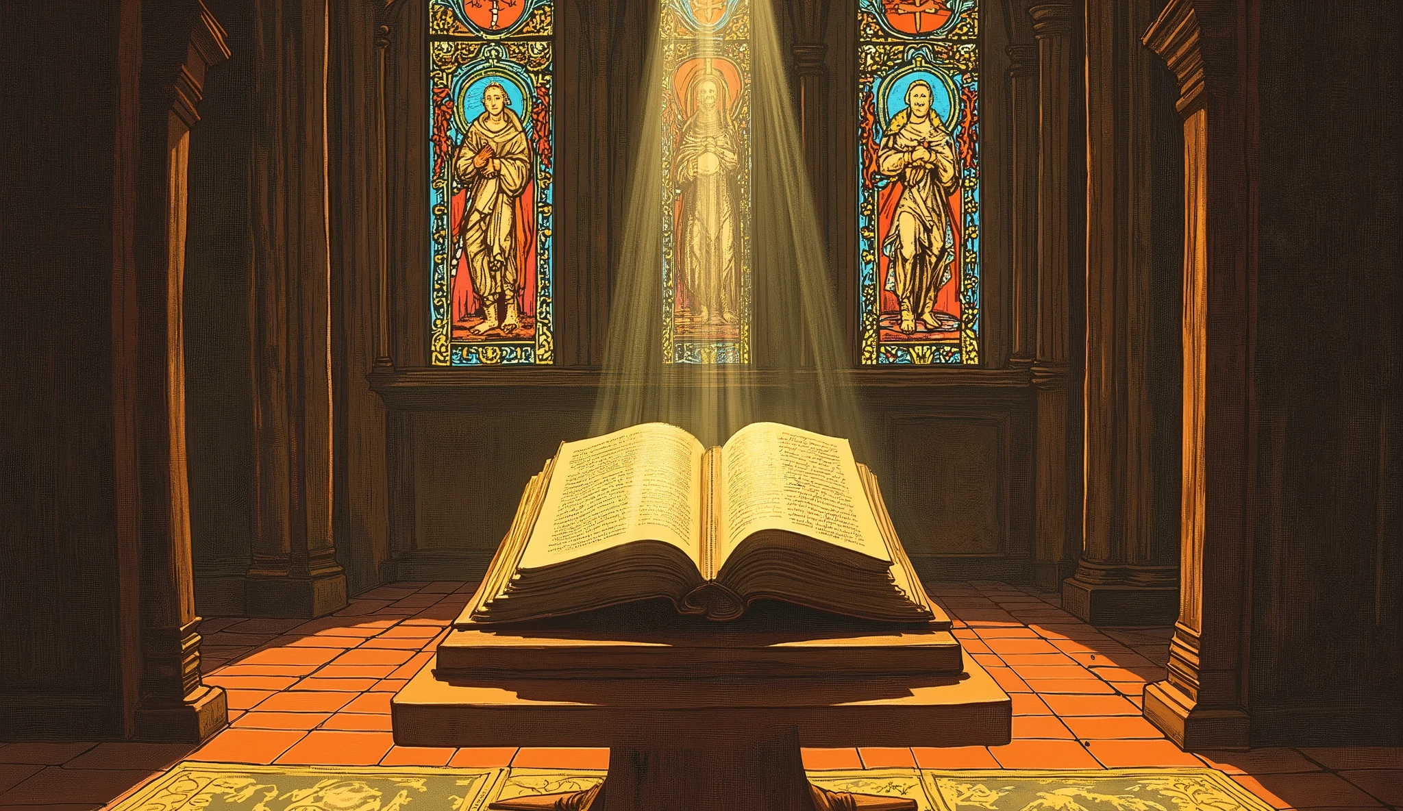 A painting, drawn in a biblical style. The image features fine details typical of Renaissance paintings, reminiscent of classical religious works of art. A painting, drawn in a biblical style. The image features fine details typical of Renaissance paintings, reminiscent of classical religious works of art. The image depicts a church hall, beautifully decorated with Renaissance stained glass windows. In the center, on a pedestal, is an open book, with rays of sunlight coming from above illuminating the book.