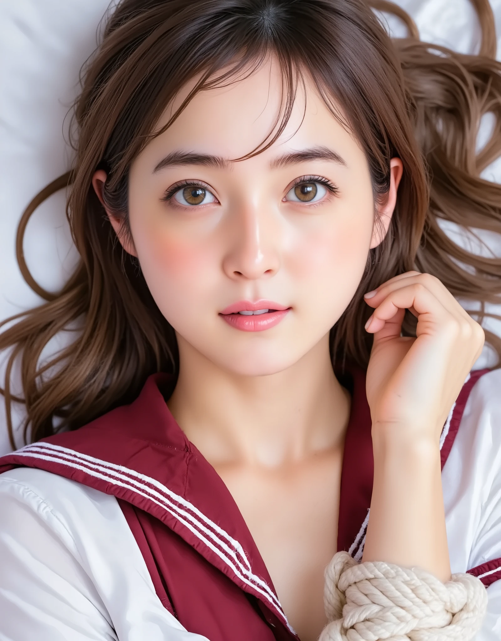 NSFW, (Highest quality), (Ultra-precise CG 16K wallpaper), (Realistic: 1.6), (High saturation), (Sharp), Beautiful detailed shading, Beautiful natural lighting, Beautiful detailed glow, Bright sunlight in the daytime, Natural light, Depth of field, (Mature 24 year old woman, One person: 1.6), (Very beautiful Japanese face), (Sasaki Nozomi), (Soft wavy long hair, Bangs: 1.6), (Shiny black hair), (Sparkling eyes), (C cup size breasts, cleavage: 1.6), (Beautiful breasts), (Beautiful legs), (Beautiful skin), (Not a belly button: 1.6), Beautiful proportions, (Half-open mouth, Crying face: 1.8), (looking at me:1.6), (High school girl wearing sailor uniform and wine red pleated mini skirt:1.6), (wearing knee-high socks), (lying on back:1.6), (bed, bondage, restraint), (Full screen image:1.6), (Head to toe shot:1.8), (Image of a woman seen from above:1.8), (Woman lying on her back on a bed with her hands and feet tied to the bed with rope:1.8),