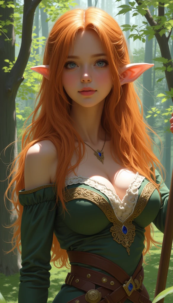 16K, Ultra High Definition, Super detailed, Shiny detailed hair, detailed face, fantasy landscape, solo, looking at viewer, {{best quality}}, {{masterpiece}}, {{ultra-detailed}}, {detailed light}, ultra high quality eyes, detailed eyes, perfect eyes, large eyes, detailed purple eyes, beautiful lips, red hair, long hair, long horse tail, hair ornament, elf ears, earrings, beautiful, skinny body, white skin, slutty, erotic, suggestive, ((nsfw))
