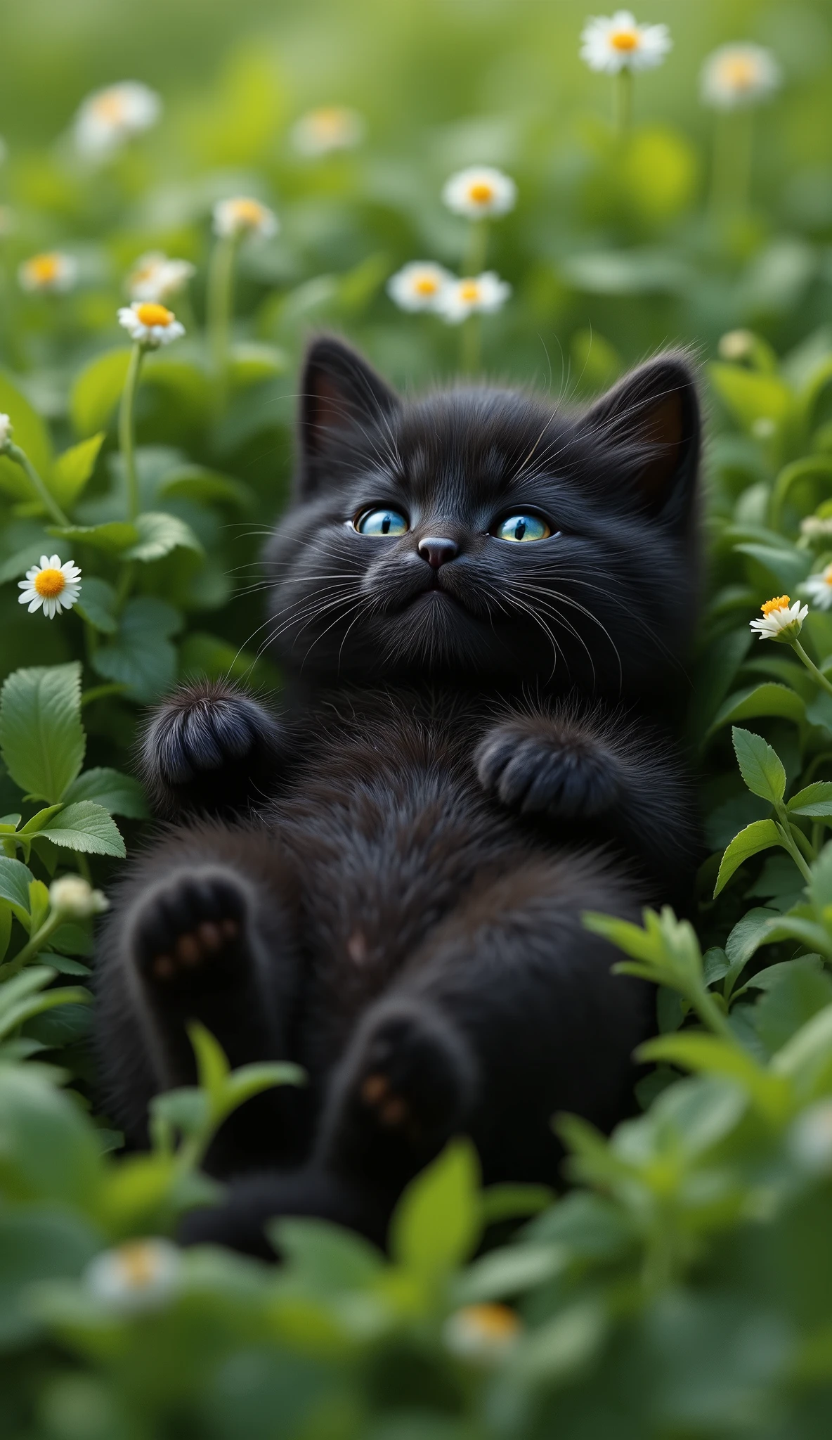 a cute black kitten lying on the flower grass relaxing on its back, adorable digital painting, cute detailed digital art, cute digital art, happy cat, cute 3d rendering, cute cat, anime look of a cute cat, cute art, cute! c4d, smileeeeeee, cute kitty, kawaii cat, a cute cat, cute detailed art, cute cat picture, black cat, high quality