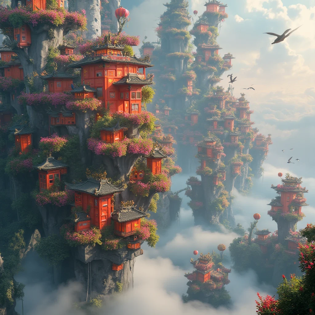 Color (Fantasy: 1.2), (traditional Chinese style), (irregular red building floating on the cloud), patchwork cottages, flower decorations, lights, concept art inspired by Andreas Rocha, Artstation contest winner, Fantasy art, (sky city), ross tran, light shafts, realistic lighting, masterpiece, high quality, beautiful graphics, high detail, masterpiece, high quality, beautiful graphics, high detail, , (flying seabirds in the sky)