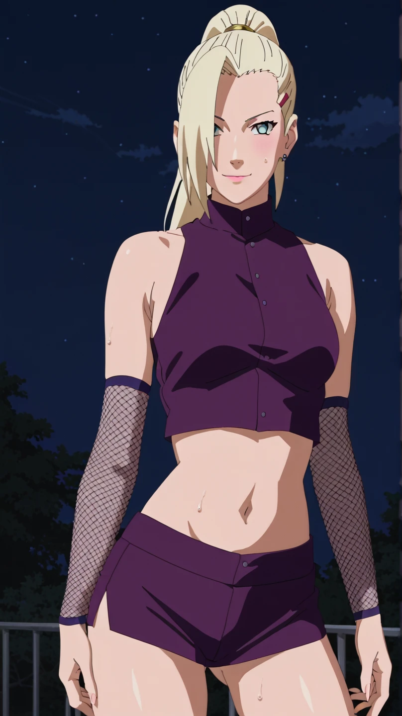 Full body, beautiful body, sexy legs, source_anime, anime screencap, 1girl, solo, ino yamanaka,ponytail,purple shirt, hair_ornament, jewelry, hairclip,earrings, long_hair, hair_over_one_eye, crop top, midriff, at viewer, badhandv4, closed mouth, smug, blush, sweaty, fishnet elbow protectors, night time, dark sky, dark atmosphere, standing. Beautiful legs, sexy legs