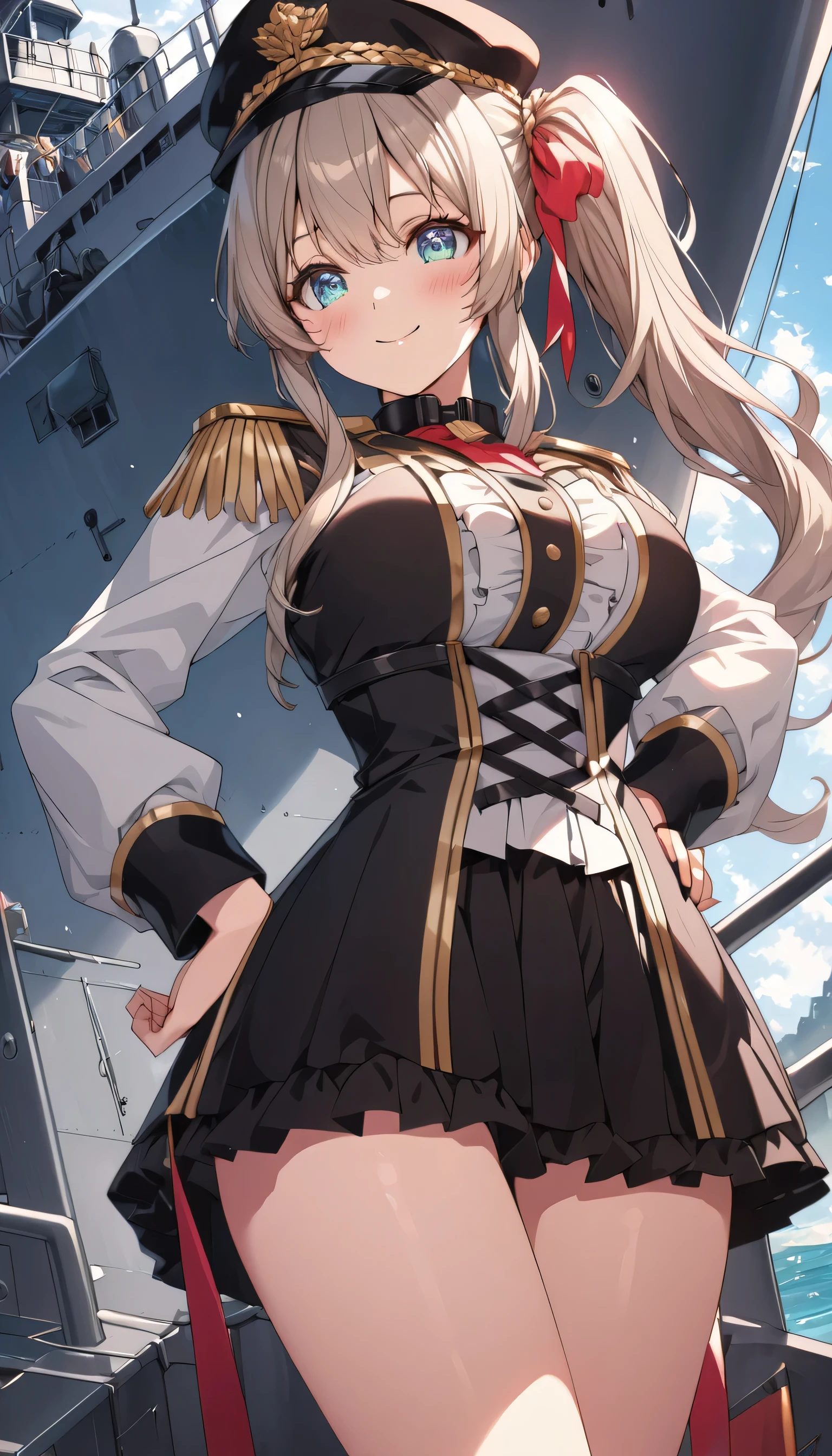((ultra-detailed)), (highly detailed CG illustration), (best quality:1.2), ultra-highly detailed, colorful composition, artistic photoshoot, 1girl, solo focus, ((thigh to top:1.4)), ((cowboy shot:1.4)), moe anime character, girl, dainty facial structure, (bab(round face), ((rounded chin:1.2)), ((ideal ratio body proportions)), celia-default, celia claire, (blue eyes), sparkle eyes, ((gold hair color)), ((braided side ponytail)), ((hair ribbon with red)), ample breasts, gothic lolita and military style, uniform black peaked cap with military design, fitted black silk collared-sundress with gold accent lines, elegant luster of black silk, black collar, (red long tie), long sleeves, gold epaulet, gold Alguilette, ((put left hand on hips)), ((standing on a warship:1.4)), beautiful detailed sky, best quality, masterpiece, from front, expecting, pink cheek, blush, light pink gloss slip, portrait, depth of field, soft lighting, sidelighting, (shine), lighting, caustics, ray tracing, ((fearless smile)), perfect face, lustrous skin, highly detailed face, highly detailed eyes, perfect face, perfect nose, perfect hair, perfect eyes, perfect anatomy, beautiful hair, beautiful small face, extremely detailed face, beautiful detailed eyes, beautiful clavicle, beautiful body, beautiful huge breasts, leavage, breasts squeezed together, equalize the size of the left and right breasts, beautiful thin thighs, beautiful legs, beautiful fingers, 4 fingers, 1 thumb, lovely, (very detailed background:1.0), (highly detailed background:1.0), spring aesthetic, intricate details, Tight atmosphere, spring colors palette, chromatic aberration