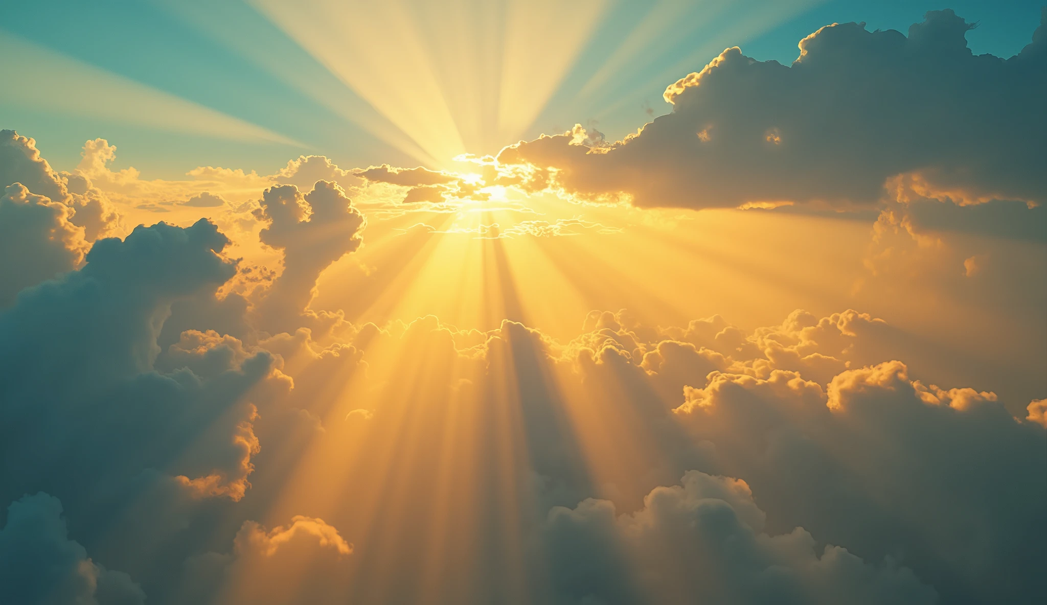 Image of the sky with sunbeams coming out through the clouds.