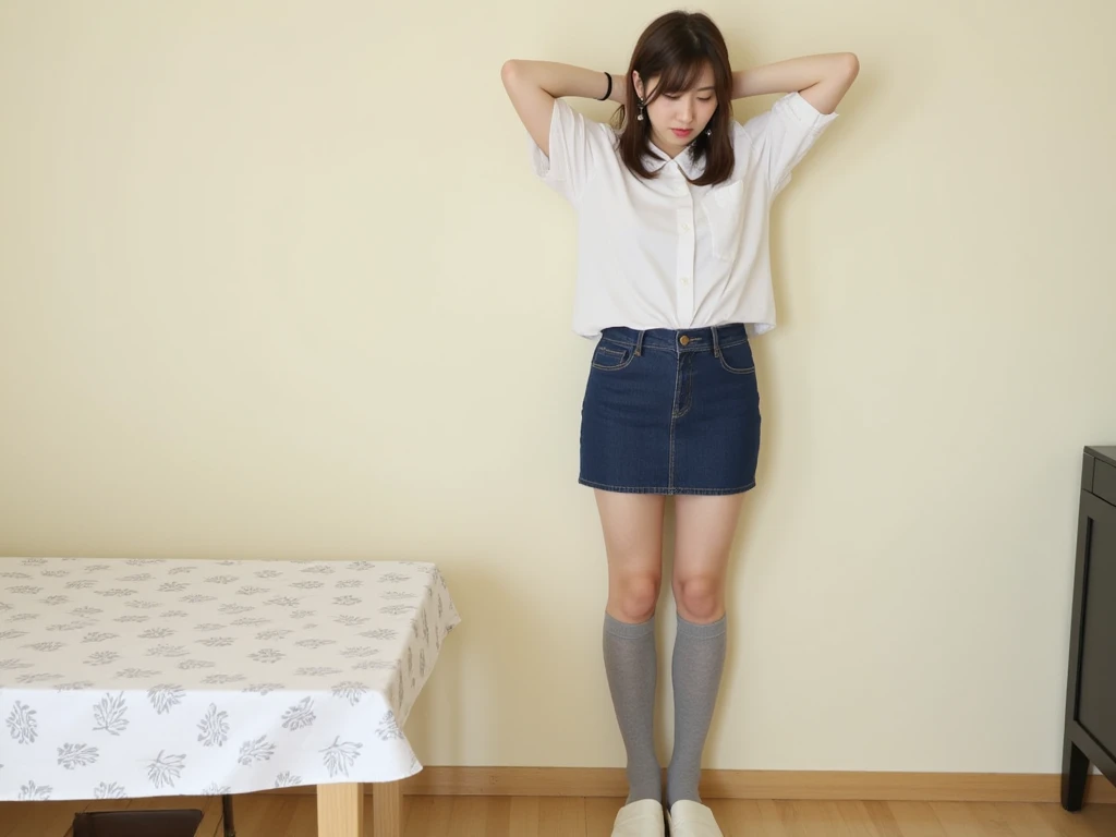 Arya stark in short skirt in a long queue for the girls bathroom, anxious facial expression 