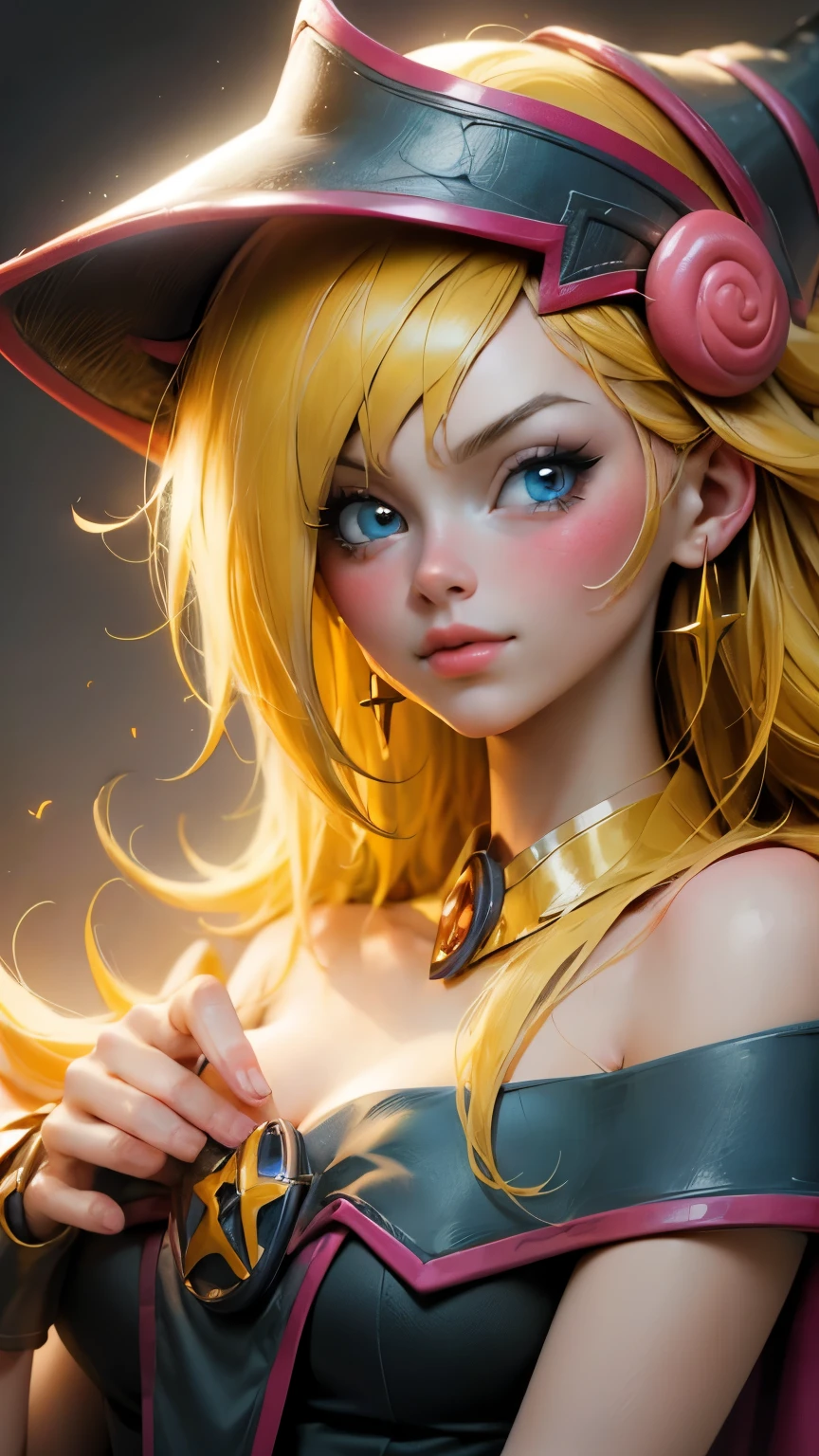 Beautiful face of dark wizard gils. long eyelashes, blue eyes. pink lips. long blonde hair. Yellow hair. exposed shoulders, angelic smile, beautiful well detailed face of the dark wizards gils. blowing a kiss. And winking an eye. She is flirtatious with the viewer..