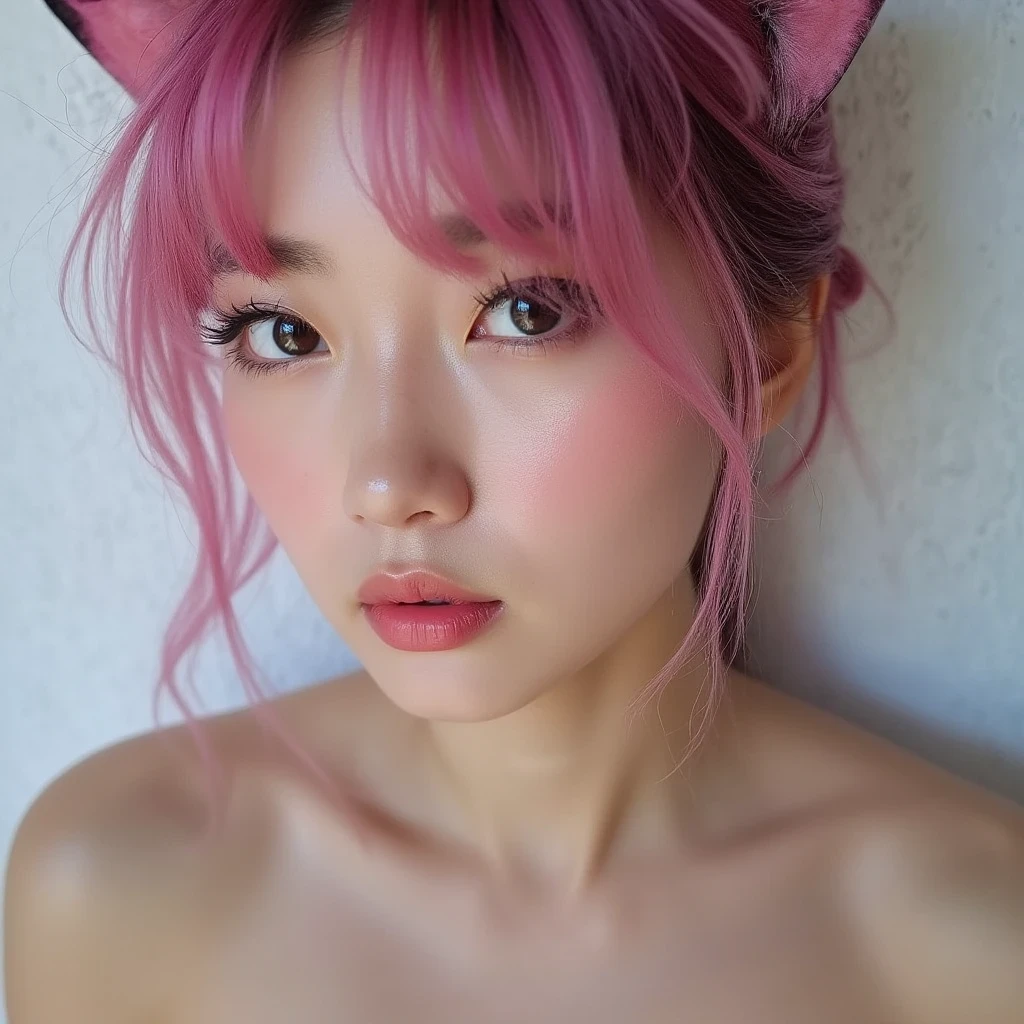 A gentle and lovely Chinese beautiful woman, delicate sexy collarbone, charming goose egg face, double eyelids, smart peach blossom eyes, pink lips, small upturned nose, bare shoulders, focused face, face close-up, ultra HD, super detail, full body photo, ultra-thin translucency, pink hair optimal proportions four fingers and one thumb, cat ears
