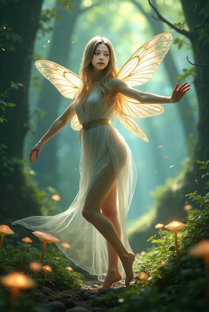 a smile、being thin、Photo of a gorgeous 20-year-old fairy wearing (White Flow Dress:1.2) And (Delicate fairy wings:1.2), , (Sateen:1.1), on forest path:,, masutepiece, Barefoot, (Natural lighting:0.8), 8K, ((Realistic)), , the woods、covering the navel、hiding breast、Hide legs、(Curvaceous)femele(flawless skin:1.11)、The upper part of the body