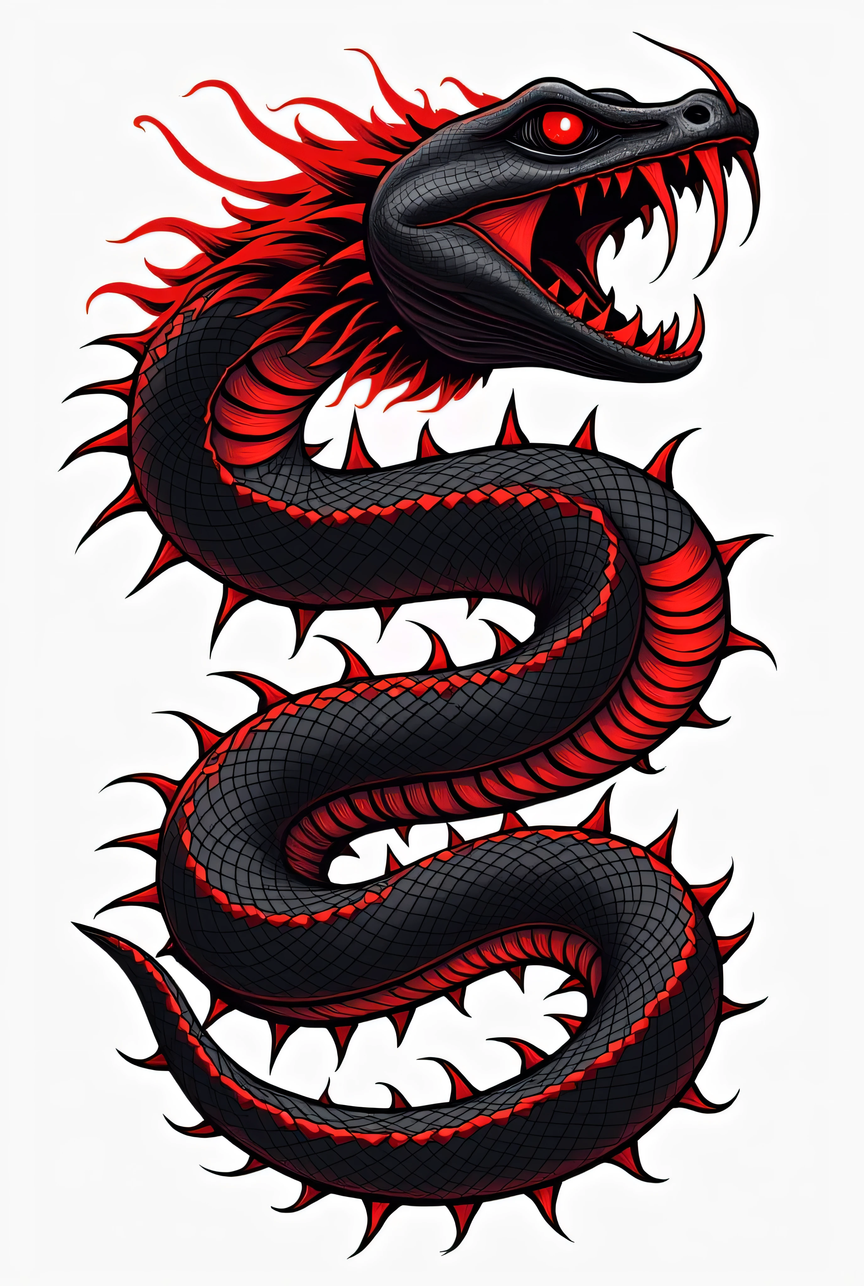 DESIGN FOR A TATTOO OF A STRAIGHT SPINY SNAKE IN BLACK AND RED 