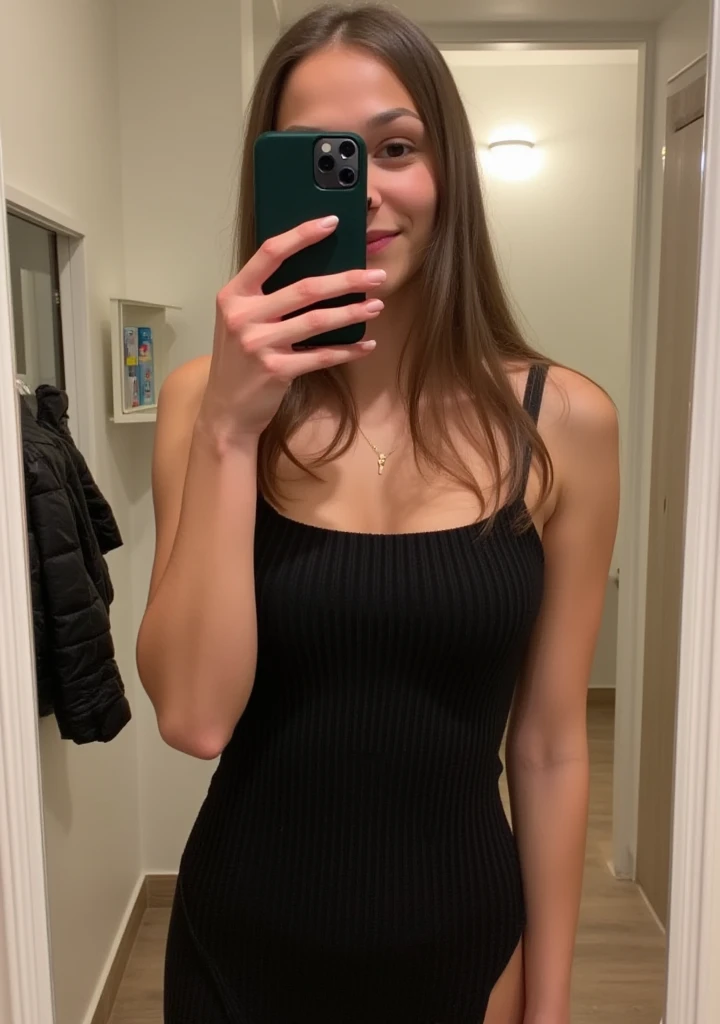 Cute girl taking a selfie in a green dress with a single phone