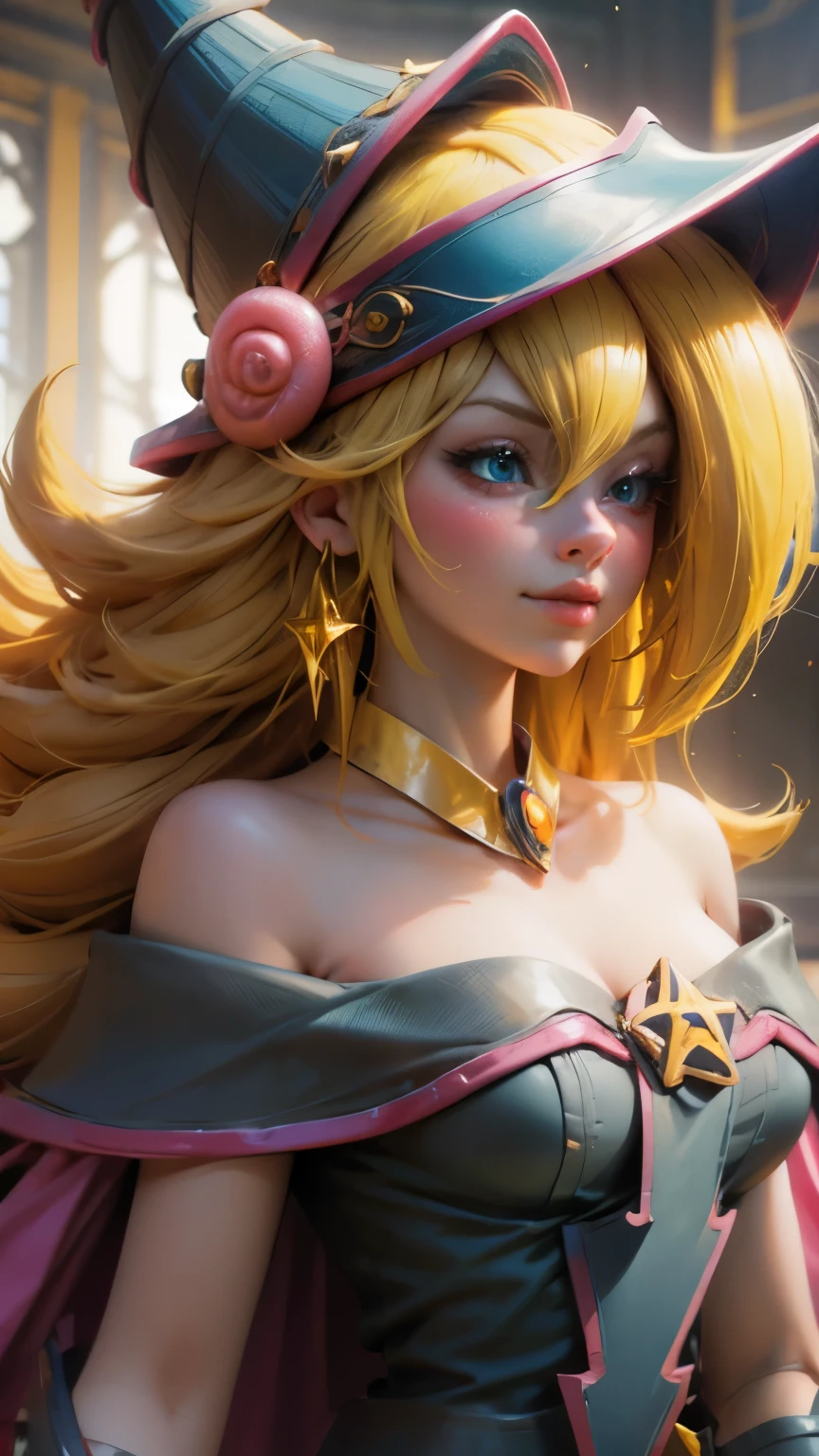 Beautiful face of dark wizard gils. long eyelashes, blue eyes. pink lips. long blonde hair. Yellow hair. exposed shoulders, angelic smile, beautiful well detailed face of the dark wizards gils. blowing a kiss. And winking an eye. She is flirtatious with the viewer..
