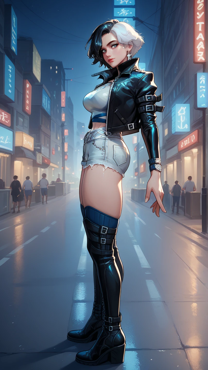 best quality,4k,8k,highres,masterpiece:1.2),ultra-detailed, extremely detailed eyes, extremely detailed body, (large masterpiece digital art), (detailed manga illustration), (detailed line art), ((perfect anatomy)), (intricate details:1.3), (ultra-detailed:1.3), (illustration:1.3), (sharp focus:1.3), (natural lighting:1.05), (vivid colors:1.3), (masterpiece), expressive eyes, perfect face, 1 girl, breasts, cleavage, gloves, large breasts, casual clothes, white shirt, tee shirt, denim jacket, jacket, {blue hair}, medium hair, wavy hair, (gray eyes), black denim shorts, shorts, dynamic pose, Huge ass, curvy, fur trim, hair bun, black ankle boots, cinematic lighting, dramatic atmosphere,