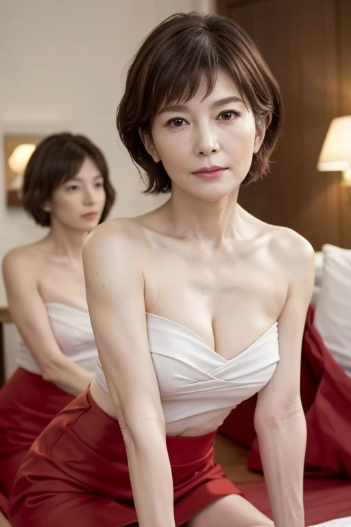 ((Highest quality)), ((8K)), ((masterpiece:1.3)), (Perfect appearance), (Photorealism:1.2), (KE), (JMA), ((Woman standing in front of mirror)), Luxury Hotel Suite, (The large windows offer a view of the distant nightscape..), (Beautiful night view:1.2), Japanese women, 47 years old, Married women, Wedding ring on ring finger of left hand, Facial wrinkles:1, Wrinkles around the eyes:0.8, Tear bags around the eyes, double eyelid, Short Hair, (ウェーブしたShort Hair), (Hair over the ears), A tense look, (Silk nightgown:1.2), BREAK(Light purple nightgown),BREAK (Small breasts:1.2), (Small breasts), (Hard and erect nipples:1), ((whole body)), Focus on the woman from the feet angle, Focus on the face,