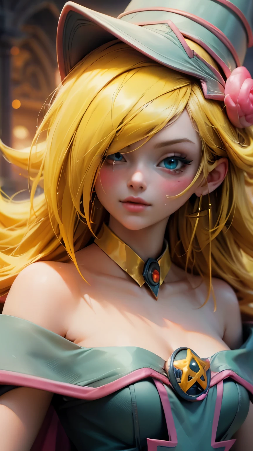 Beautiful face of dark wizard gils. long eyelashes, blue eyes. pink lips. long blonde hair. Yellow hair. exposed shoulders, angelic smile, beautiful well detailed face of the dark wizards gils. blowing a kiss. And winking an eye. She is flirtatious with the viewer..