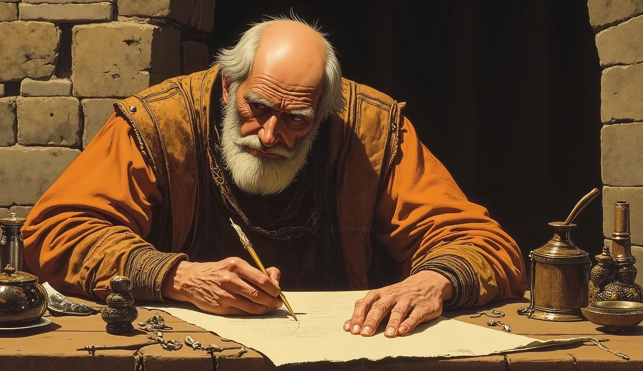 A painting, designed in a biblical style. The image features fine details typical of Renaissance paintings, reminiscent of classical religious works of art. A painting, designed in a biblical style. The image features fine details typical of Renaissance paintings, reminiscent of classical religious works of art. An elderly man is sitting at a table writing with a quill on a sheet of parchment. The room is typical of a stone house in the ancient Middle East of biblical times.