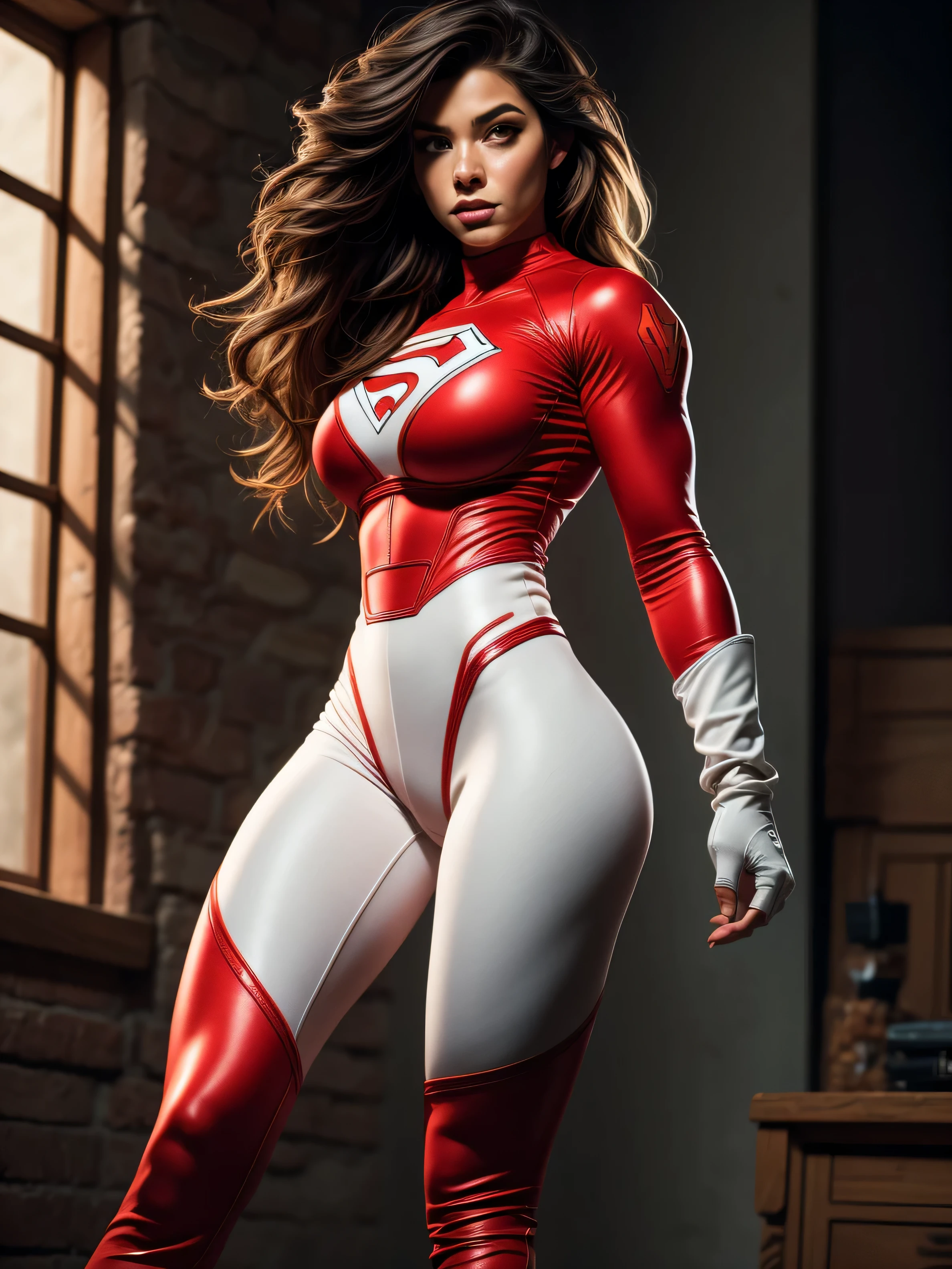 beautiful busty brunette woman with huge breasts and with her hair in a big ponytail wearing red and white spandex showing off her power to extend her body to incredible lengths as if made of rubber
