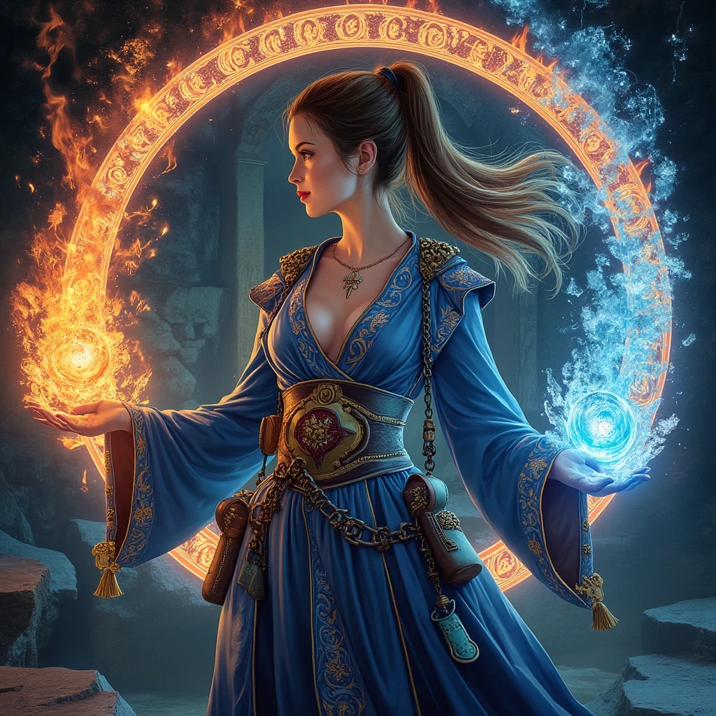 colorful portrait illustration, (attractive female as a wizard, ponytail, wearing_long_flowing_blue_intricately_embroidered_wizard_robes), (necklace, pouches, belts, smiling, highly detailed face, masterpiece, best quality), highly detailed, (in a dungeon), mage_glam, (large glowing runed circles), fire and ice, casting a spell, ultra high resolution, by Alexandre Calame and  Alyssa Monks and Shigeru Ban