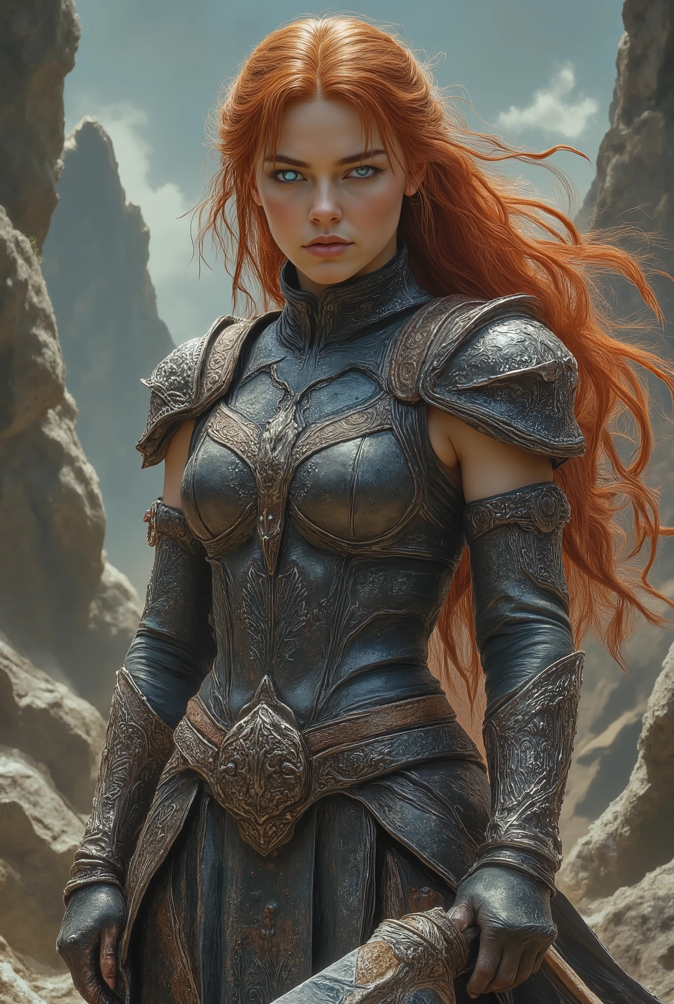 arafed woman with a large axe and a leather outfit, female viking, a very beautiful berserker woman, very beautiful female barbarian, barbarian warrior woman, wearing intricate leather armor, beautiful female warrior, portrait of a barbarian woman, portrait of a barbarian female, a beautiful woman warrior, norse warrior, warrior woman, warrior girl, redhead queen in red leather armor