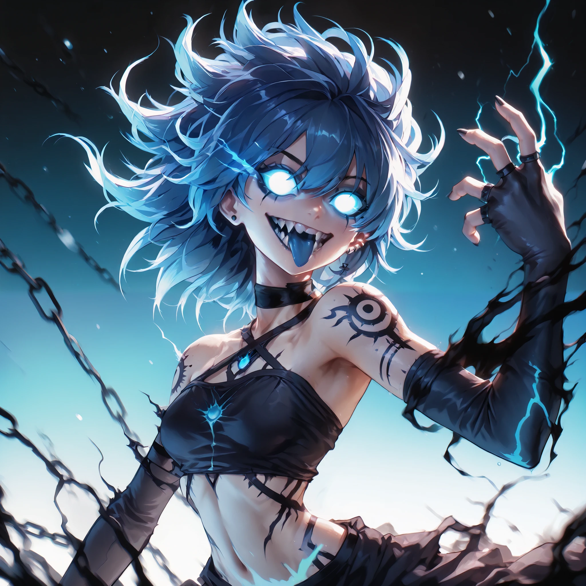 ( Ultra-detailed), ( masterpiece ), ( best quality), ( depth of field ), (sharp focus), ( cinematic lighting ), (vibrant blue), 1 , crazy smile, dams,  with her tongue out,  glowing eyes,  Gothic style,  dark makeup , black tattoos, piercings de prata, psychotic, psycho, A dark lighted anime female with blue glowing eyes, deep eyes, neon blue hair and a lot of blue energy, psycho smile, ((cyan flames are in the background)), sharp teeth, battle pose, (((blue gradient background:1.4))), energy, Energetic, phonk, Brazilian phonk, Simple Design, Simplified --s 100 --niji 5 --ar 1:1