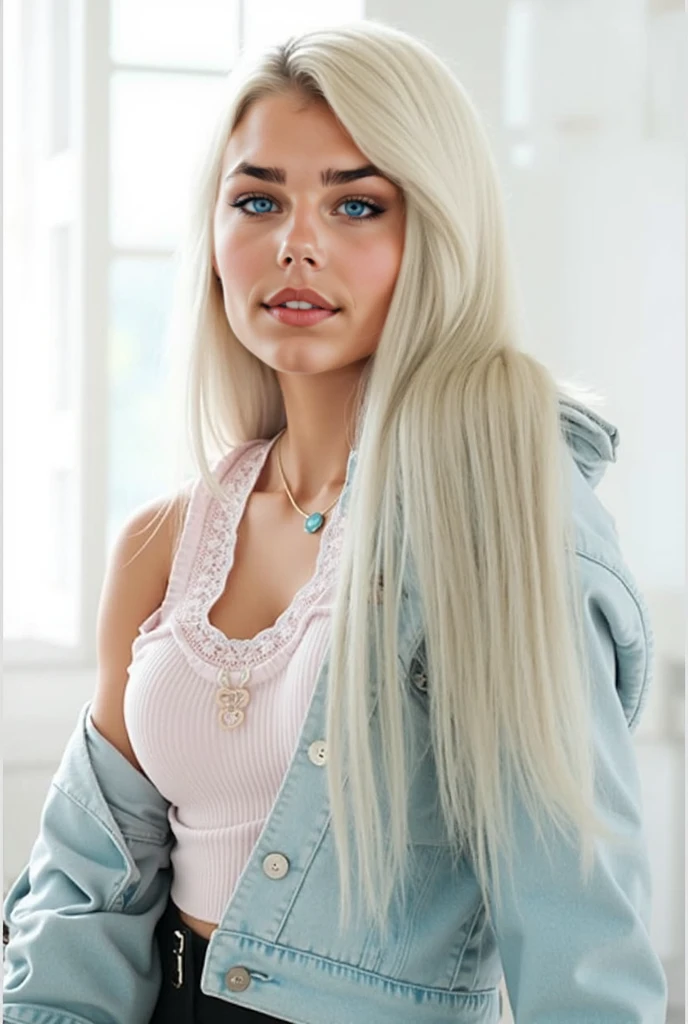 Blonde woman in white top and jeans posing for a photo., with long blonde hair, Portrait Sophie Mudd, beautiful young model, Style of Julia Razumova, with very long blonde hair, Dasha Taran, long blonde hair and big eyes, Yelena Belova, extremely long and thick blonde hair, 2 4 year old female model