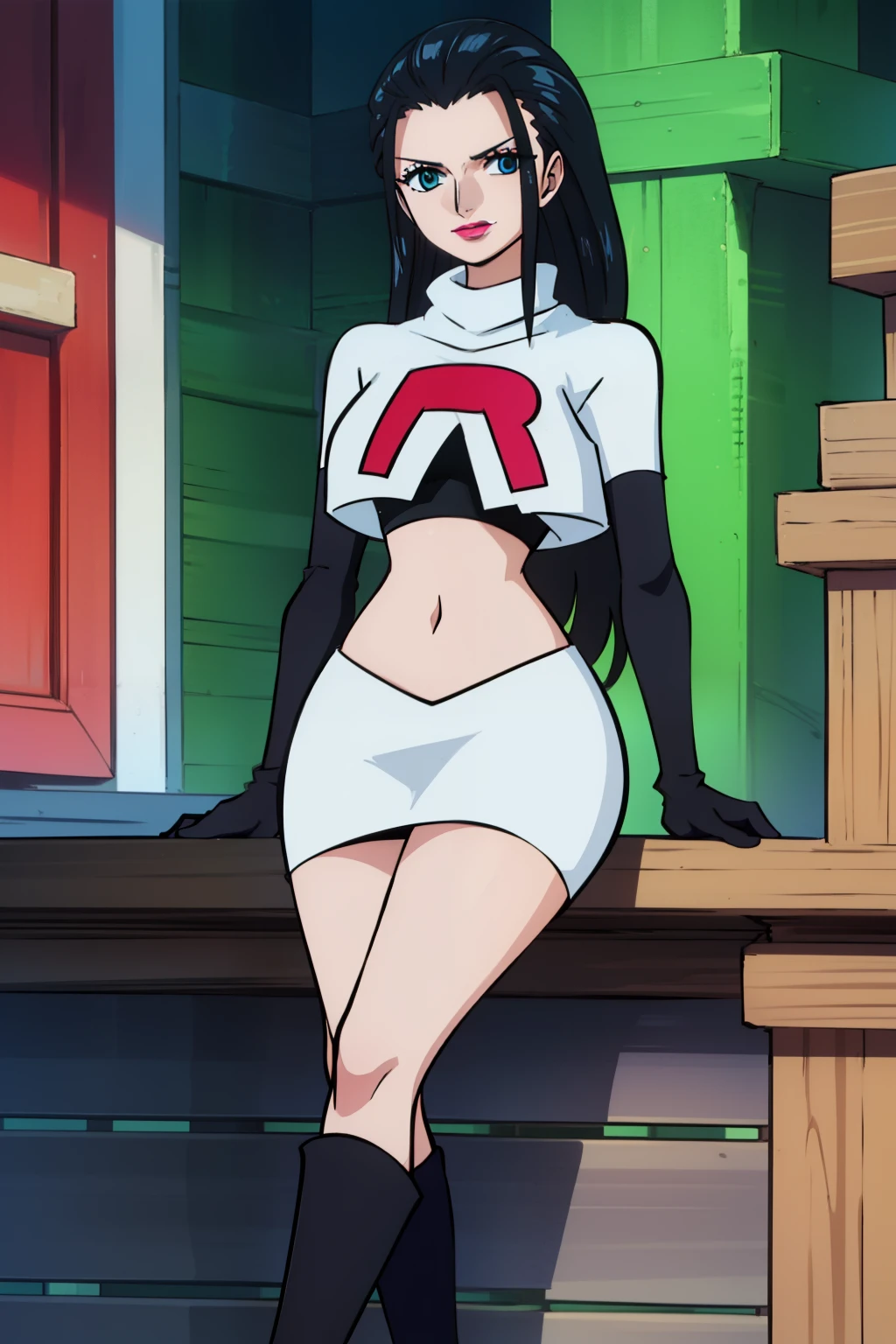 nicorob, slicked back hair,pink lipstick,eye shadow, light makeup ,team rocket,team rocket uniform, red letter R, white skirt,white crop top,black thigh-high boots, black elbow gloves, evil smile, sitting down, crossed legged