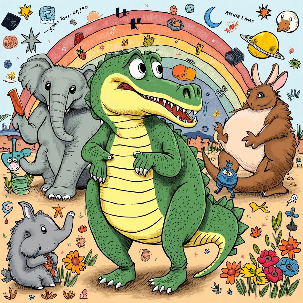 There are many different cute cartoon animals, elephants, crocodiles, rabbits and other animal patterns in this photo, cute, hand drawn illustrations, colorful, Wang Chen, crocodile Loki, art cover, ƒ5.6,🦩🪐🐞👩🏻🦳; 🌞🌄 , code, 🪔 🎨 metaverse