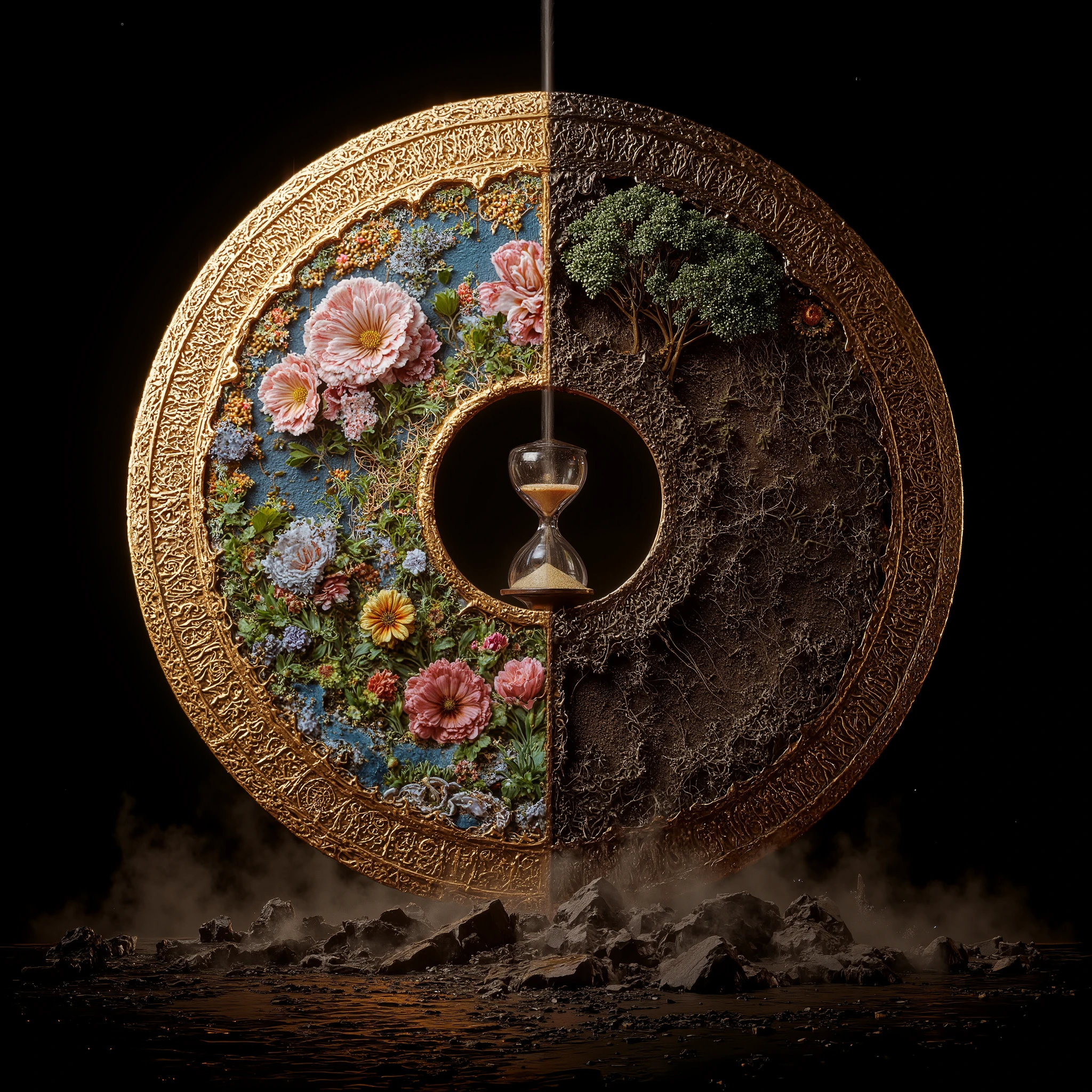 "A massive, intricately designed coin, floating upright in an endless void. The coin’s surface is an artistic masterpiece, split into two contrasting halves: one side is radiant and alive, covered in intricate engravings of blooming flowers, cascading waterfalls, and vibrant ecosystems teeming with microscopic, glowing life. The other side is dark and decayed, etched with crumbling ruins, skeletal trees, and cracked, arid earth where nothing grows.
At the center of the coin is an open hole, through which a faint beam of light shines, creating the illusion that it connects two dimensions. Floating inside this hollow core is a delicate hourglass, its sand suspended mid-flow—neither falling nor rising—symbolizing time frozen in an eternal loop. Around the rim of the coin, glowing runes and symbols shift and rearrange themselves as if alive, constantly rewriting a story that no one can fully understand.
The coin itself is surrounded by small, fragmented shards of reflective metal, each shard showing fleeting glimpses of different timelines—one with towering futuristic cities, another with ancient forests, and one with endless oceans. These shards orbit slowly, like moons bound to the coin’s gravity.
The void around the coin is alive with faint, undulating energy currents, subtly forming patterns of constellations and galactic swirls that fade in and out of view. The scene feels both infinite and fragile, as though the coin holds the secrets of existence yet remains untouchable, forever spinning in its paradoxical state."