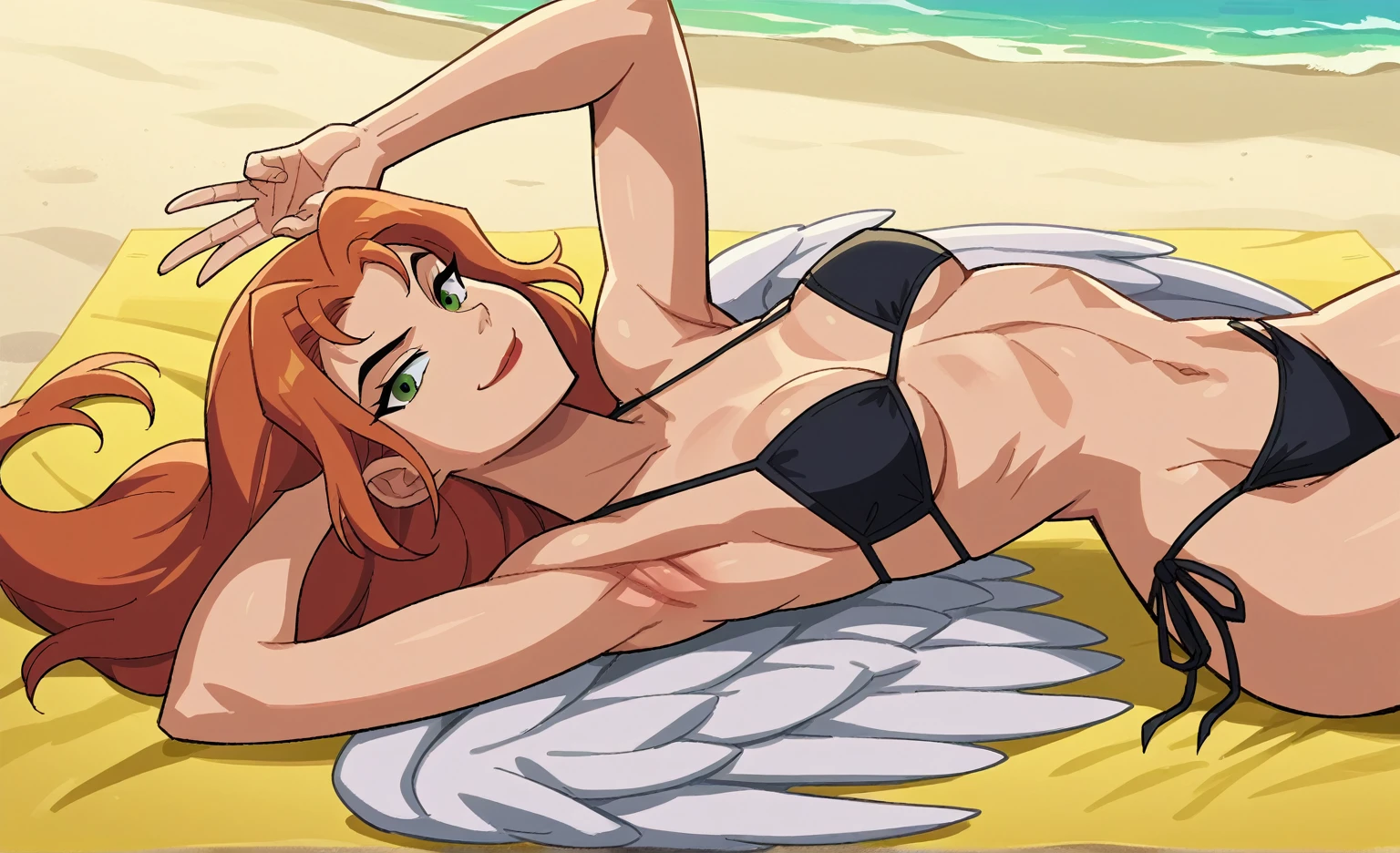 (8K, best quality, masterpiece:),一位金发美丽的女性Fallen Angel, naughty smile, Huge flame wings, , Fallen Angel, Flames in the background, detail, Dark purple bikini on the beach, 1:1 Ratio, Sitting on the bed,Lying in bed, detail, Practical,Full body shot,First person close-up