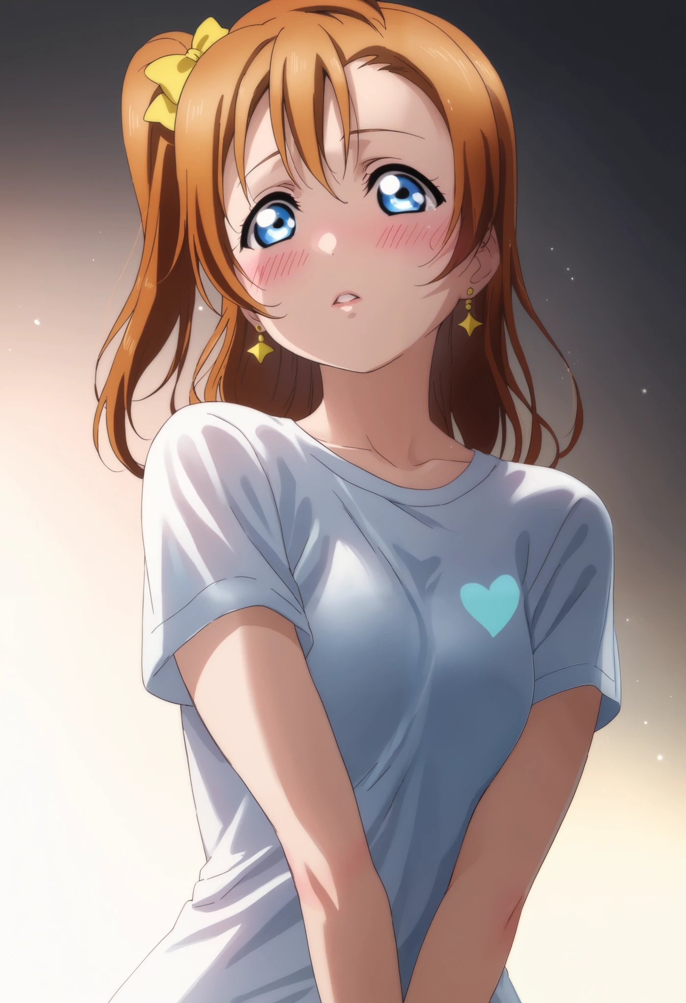 anime style, love live,kousaka honoka , love live, blue eyes, orange hair,earrings, (blushing:1.2), MegaMan clothes, dynamic lighting, detailed shading,moist skin,shiny skin,1girl, dynamic angel of view,hip lines, lipgloss,perted lips
