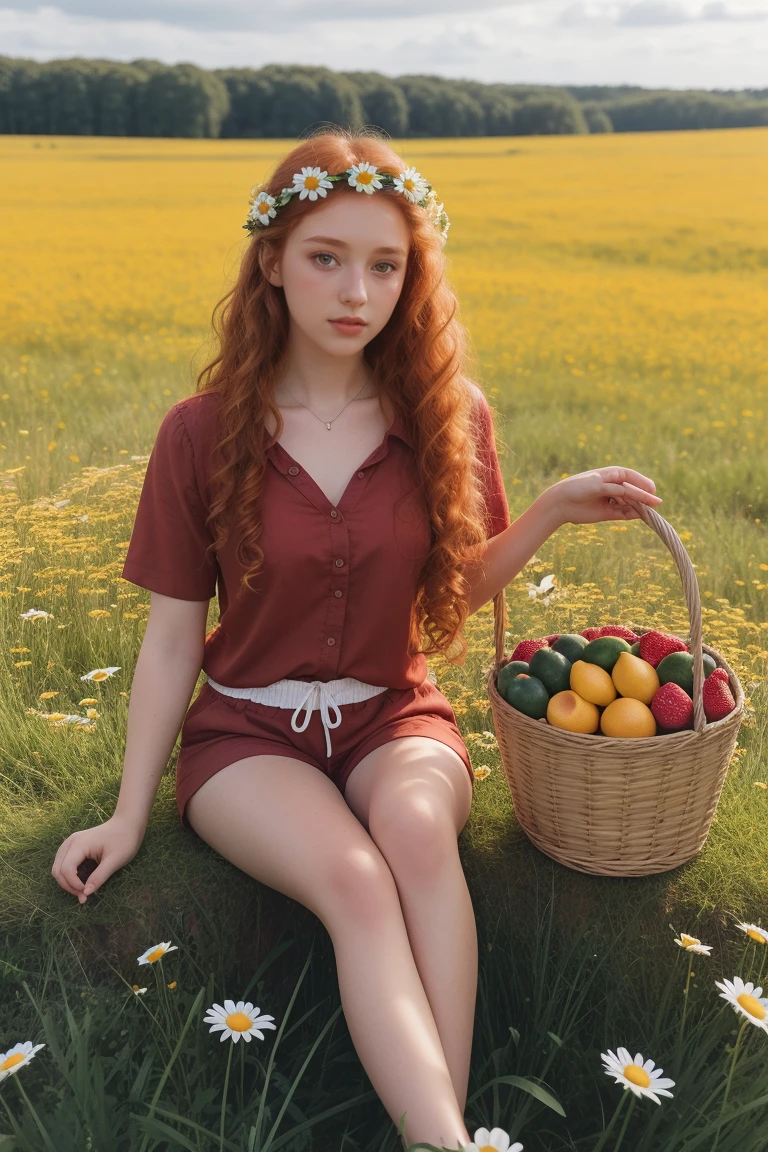 (girl:1.2),alone, (long ginger curly hair:1.1), brown eyes, naked , Sit in a daisy field, (fruit basket:1.1), blue shorts, red shirt,,raw,photographic,photo shadows,actual,Ridiculous,Aesthetic,elegant