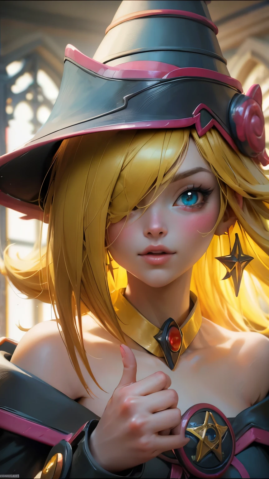Shot of the beautiful face of dark wizard gils. Extra long eyelashes. blue eyes like crystal. brio in the eyes. pink lips. long blonde hair. exposed shoulders, angelic smile, beautiful well detailed face of the dark wizards gils. She is flirtatious with the viewer. Long and big eyelashes. Half body focus.