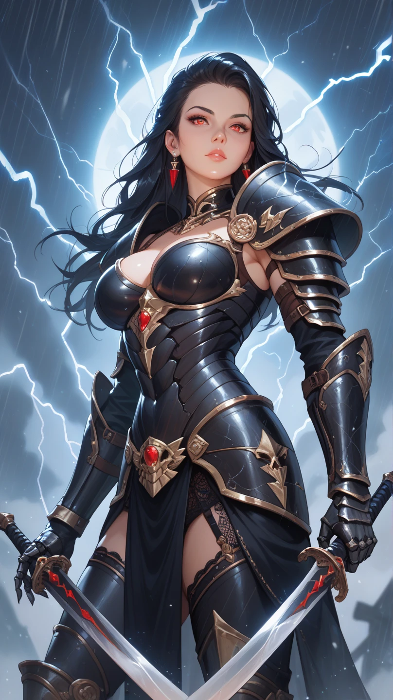 1 girl, Cowboy shot from Woudka, Glowing red eyes, Black Skull Armor, fur trim, shoulder pads, torn red cape, bare thighs, short black hair, red fire magic, bloody rain, night, citadel, Sports, volumetric lighting, Best quality, masterpiece, realistic,