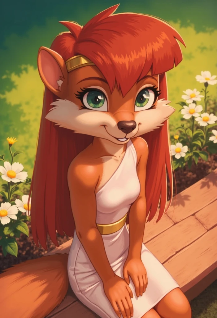 zPDXL, score_9_up, score_8_up,_7_up, score_6_up, score_5_up, score_4_up ,source_ fluffy, hands of the best quality, amazing quality , blurred background, masterpiece, 1girl, looking at the viewer , One, (Cute, magic in the air , Cute smile, charming, super Cute:1.2), outdoor , Park, plants, (upper body,close, focus on face, is sitting, Flowers around:1.4), breast, Venus, red hair, squirrel, long hair , green eyes, squirrel tail, orange-white fur , dress , gold hairband, sandals, side cut, Pixelsketcher, Expressive h , good_Hands,