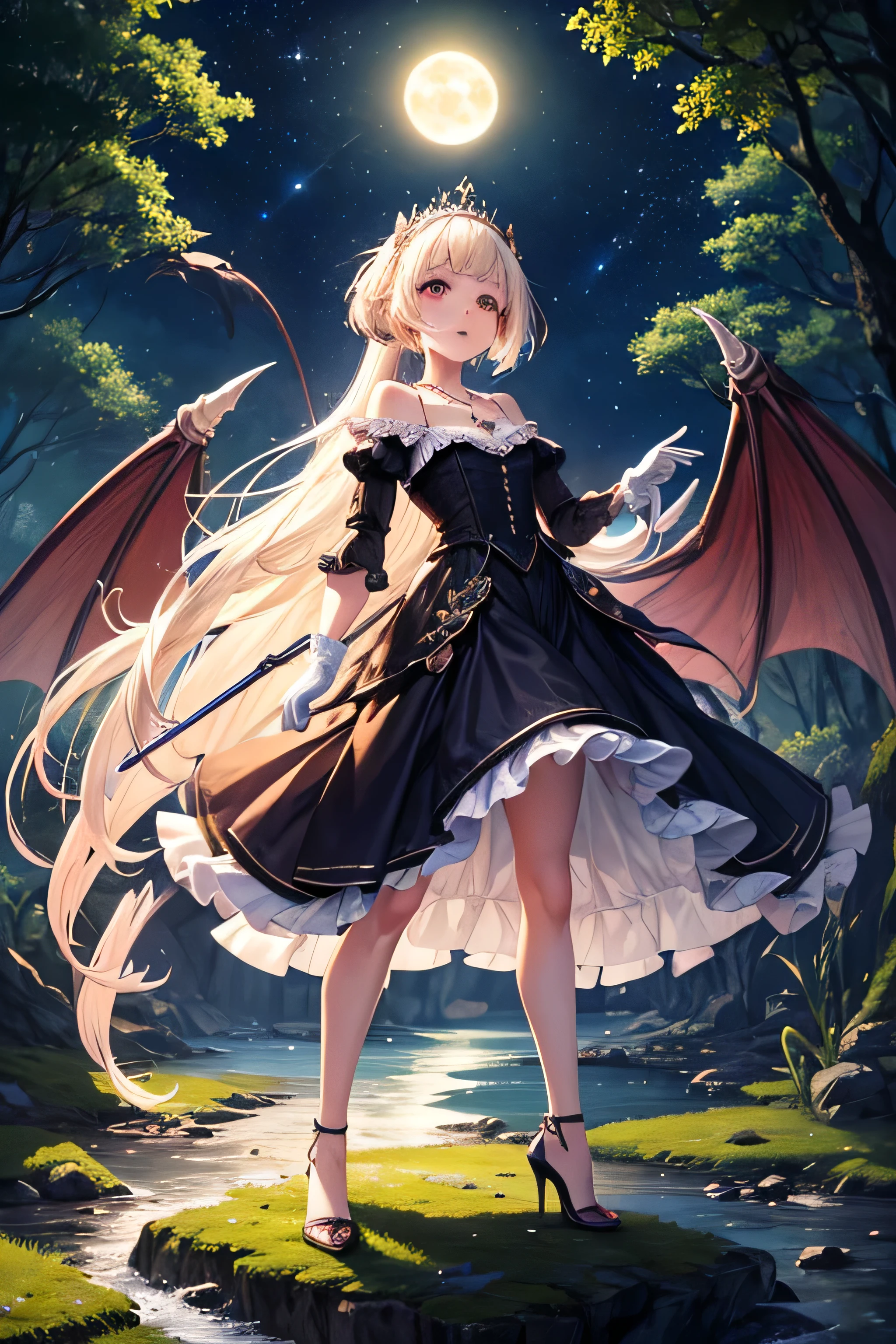 masterpiece, best quality, <lora:yhm:0.8>, (1girl, solo, white background, transparent background,:1.3), boots, vampire, vania, blonde hair, black pantyhose, vampy, long hair, red eyes, open mouth, head wings, skirt, pantyhose, pointy ears, detached sleeves, black legwear,long sleeves, eyebrows visible through hair, bangs, hair ornament, cleavage, frills, sparkle, <lora:vania:0.5:POVB>