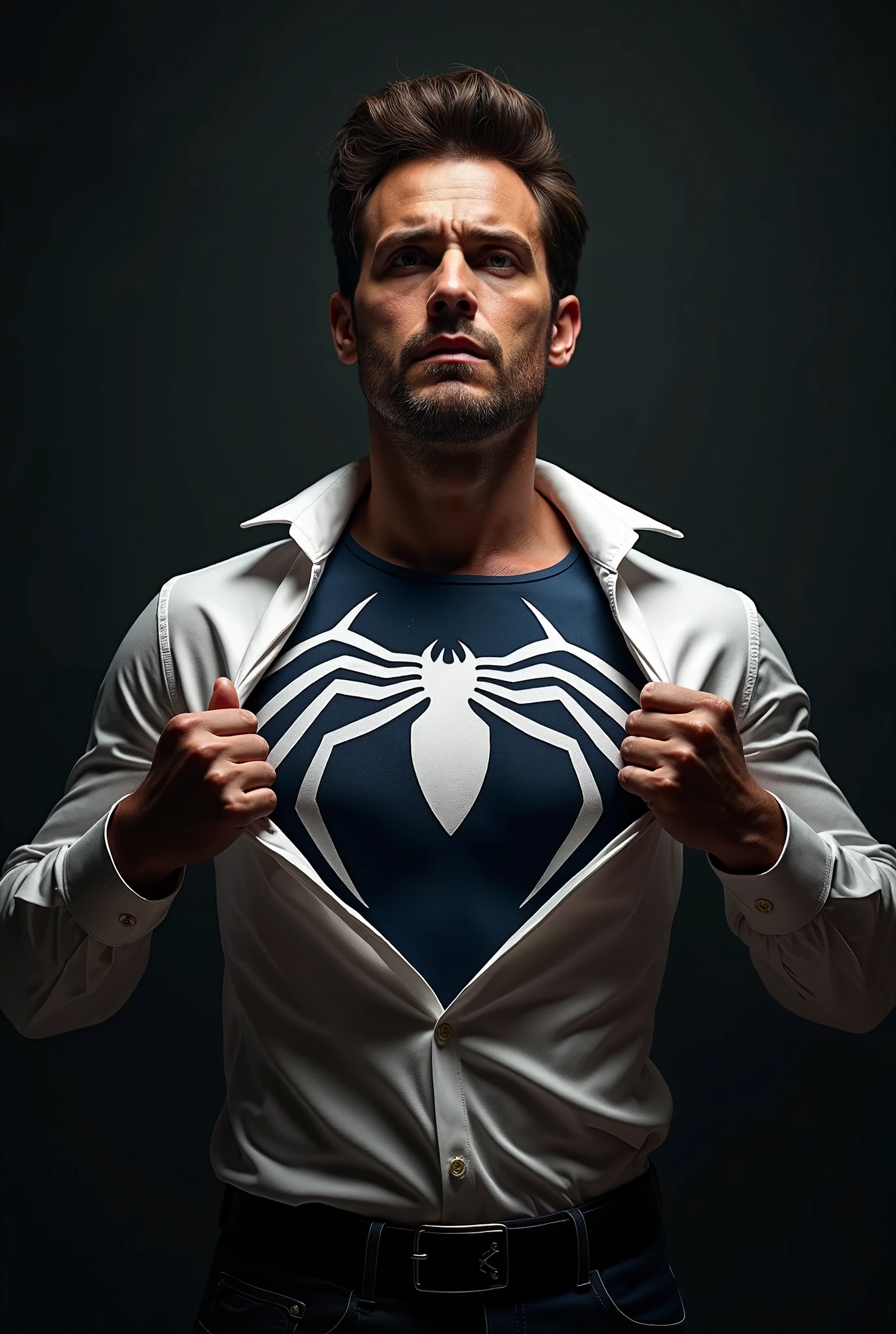 A handsome man with blue mists surrounding his eyes. Hunky, hunk, hairy, very hairy chest. There's a glow in his eyes, short hair, seductive, 20
years old, short hair,, macho alpha , divine t shirt whith Spiderman logo draws, white man