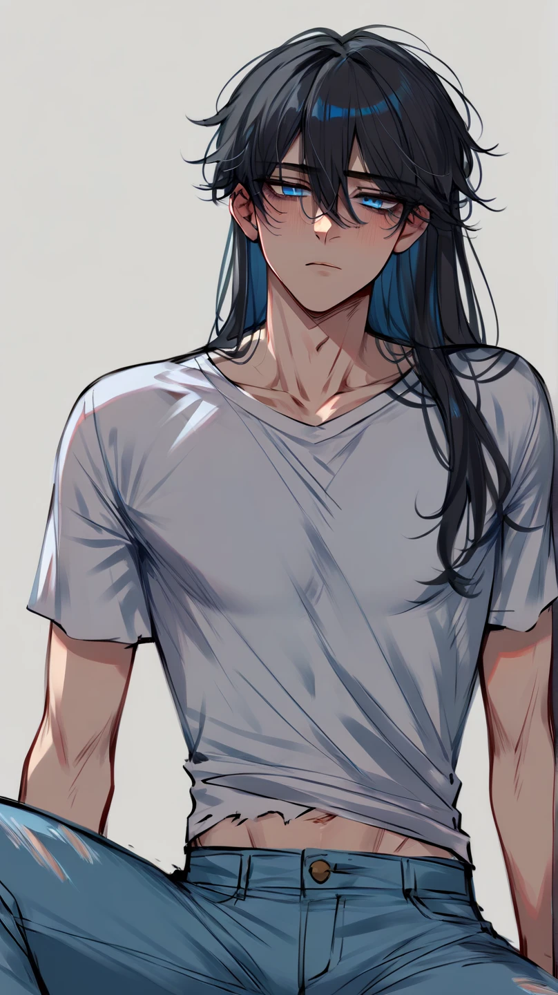 Man, blue eyes, loose loungewear, hair down, upper body, portrait