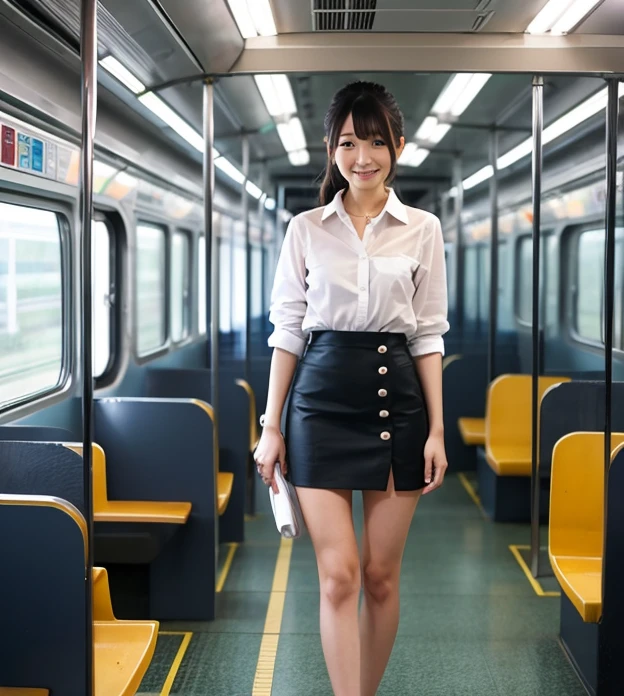 1woman, idol, bob cut, short hair, brown hair, camisole、Culottes skirt、 train, inside a train, grab a strap, 20s, office lady, carrying a backpack,
