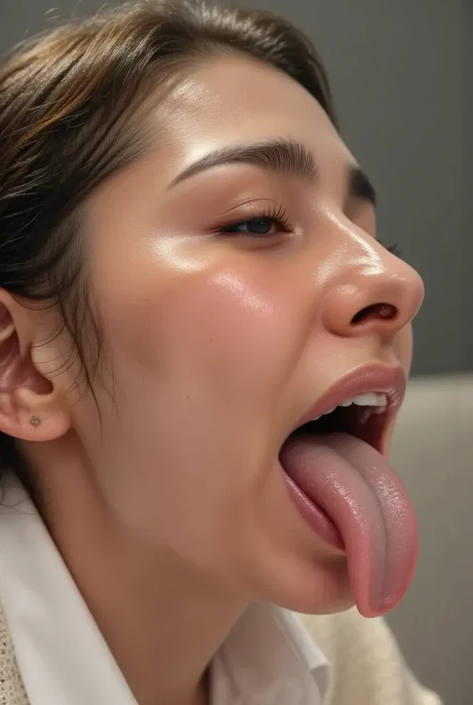 Japanese woman, beautiful girl, , highest quality realistic skin, eyes in focus, 20 years old, sticking out tongue, focus on mouth, open mouth, long tongue, saliva, open mouth wide, inside of mouth visible, open mouth and sticking out tongue, realistic tongue