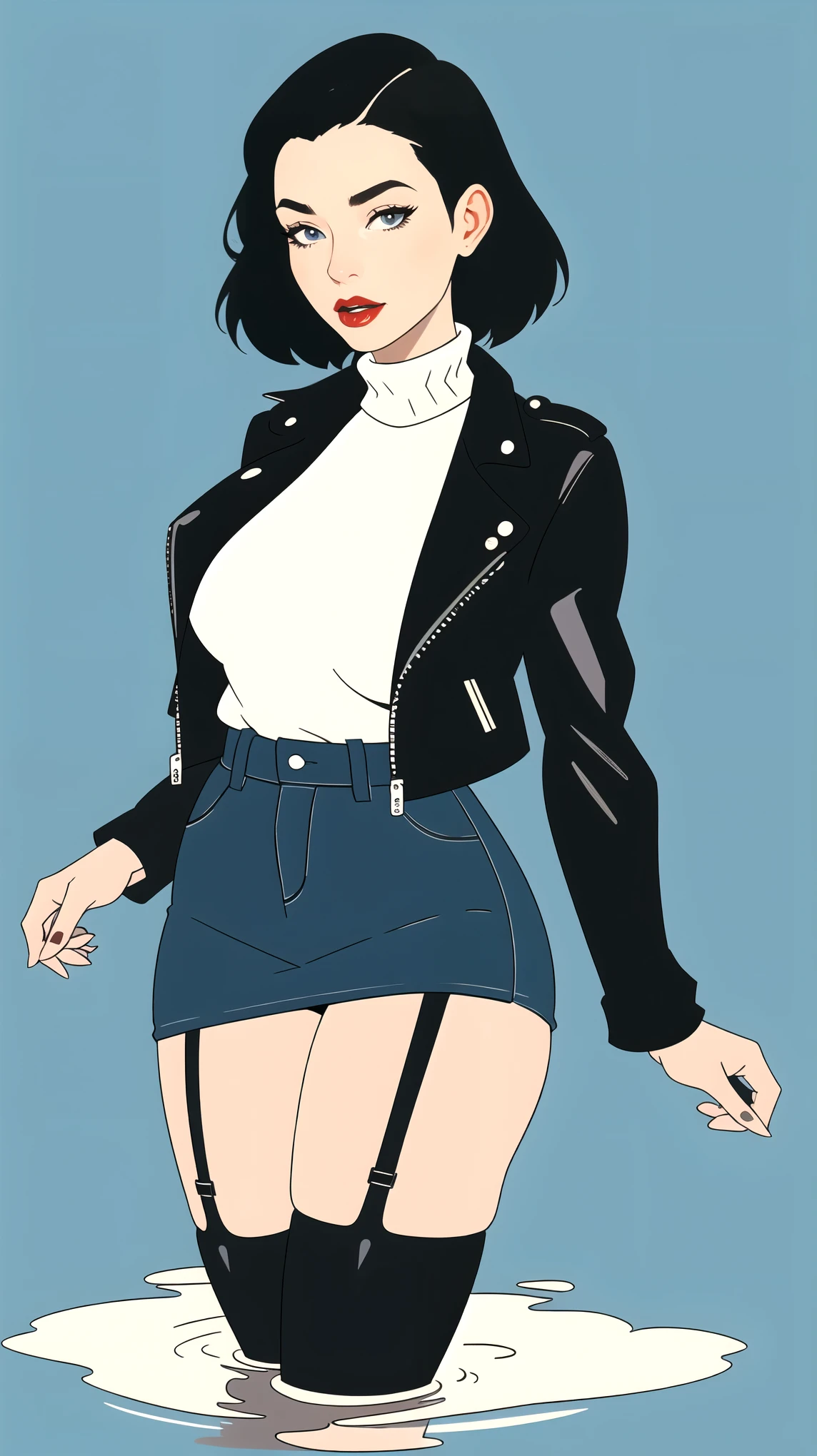 mature woman , leather jacket, turtleneck, denim skirt, nylon stockings with garters, drowning in bog, red lips, simple vector image, light-blue background