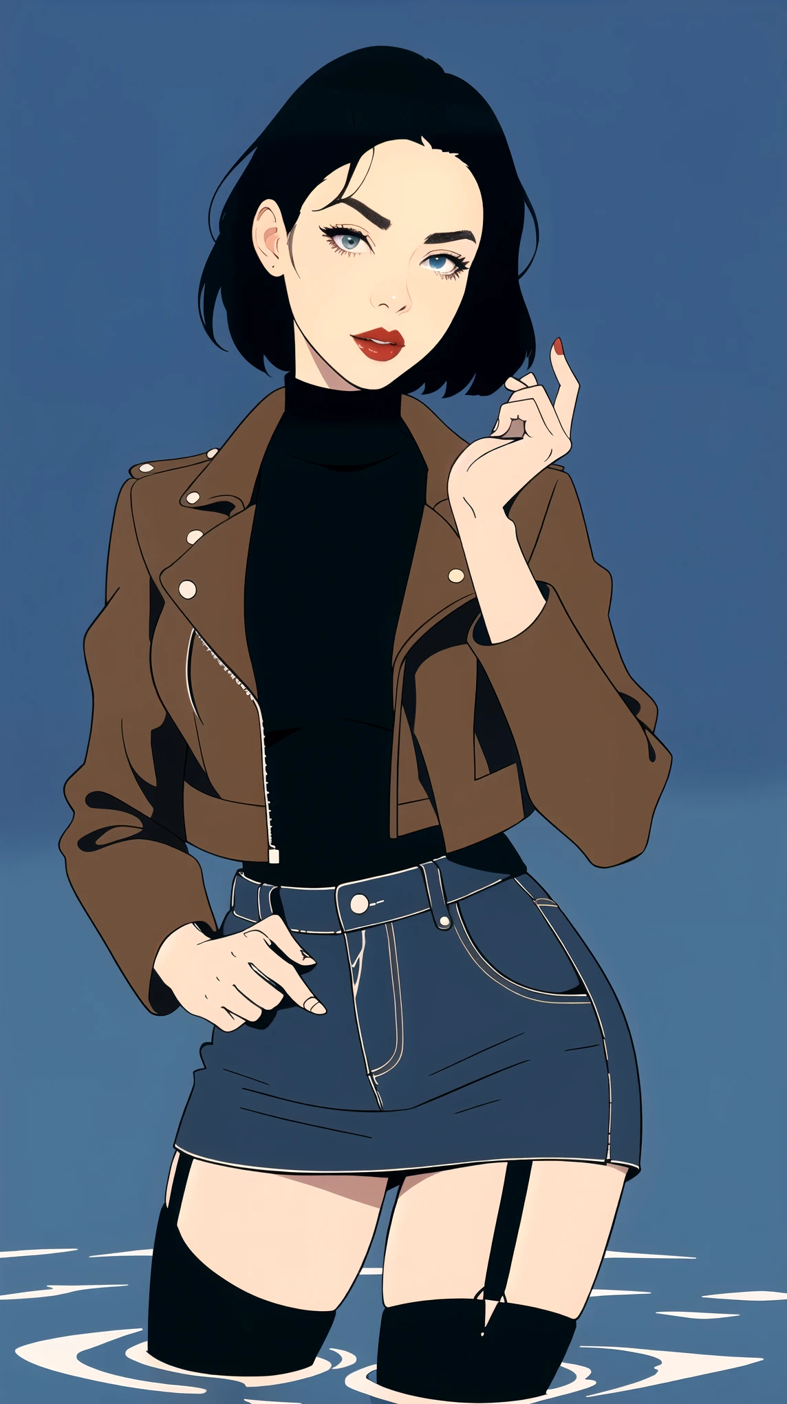 mature woman , leather jacket, turtleneck, denim skirt, nylon stockings with garters, drowning in bog, red lips, simple vector image, light-blue background