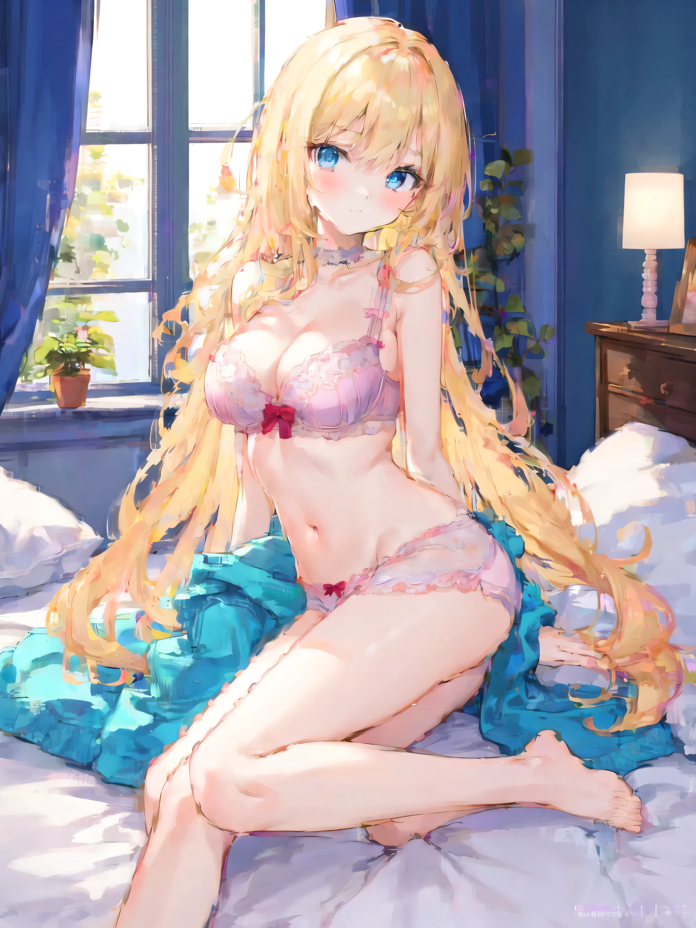 (((Cute blonde woman, long hair with pink bow, Blue eyes))), ((Clothing that exposes, pink lingerie with strap downing on the shoulder and panties)), 8k, very detailed, heart earring, sitting in the bedroom, blushing smile, crossed legs, close view, sexy pose, Nipple Ring, erect nipples, vagina labia